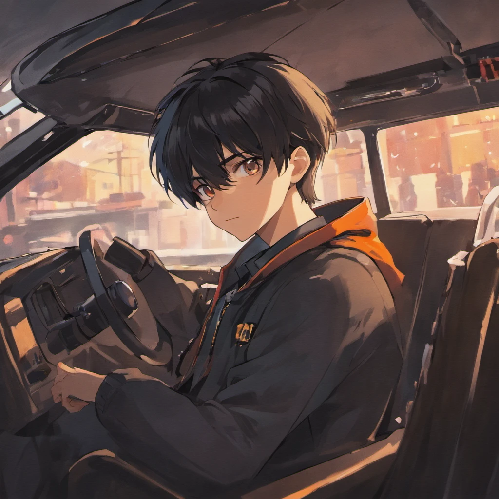 Black-haired protagonist boy、guido、drivers seat