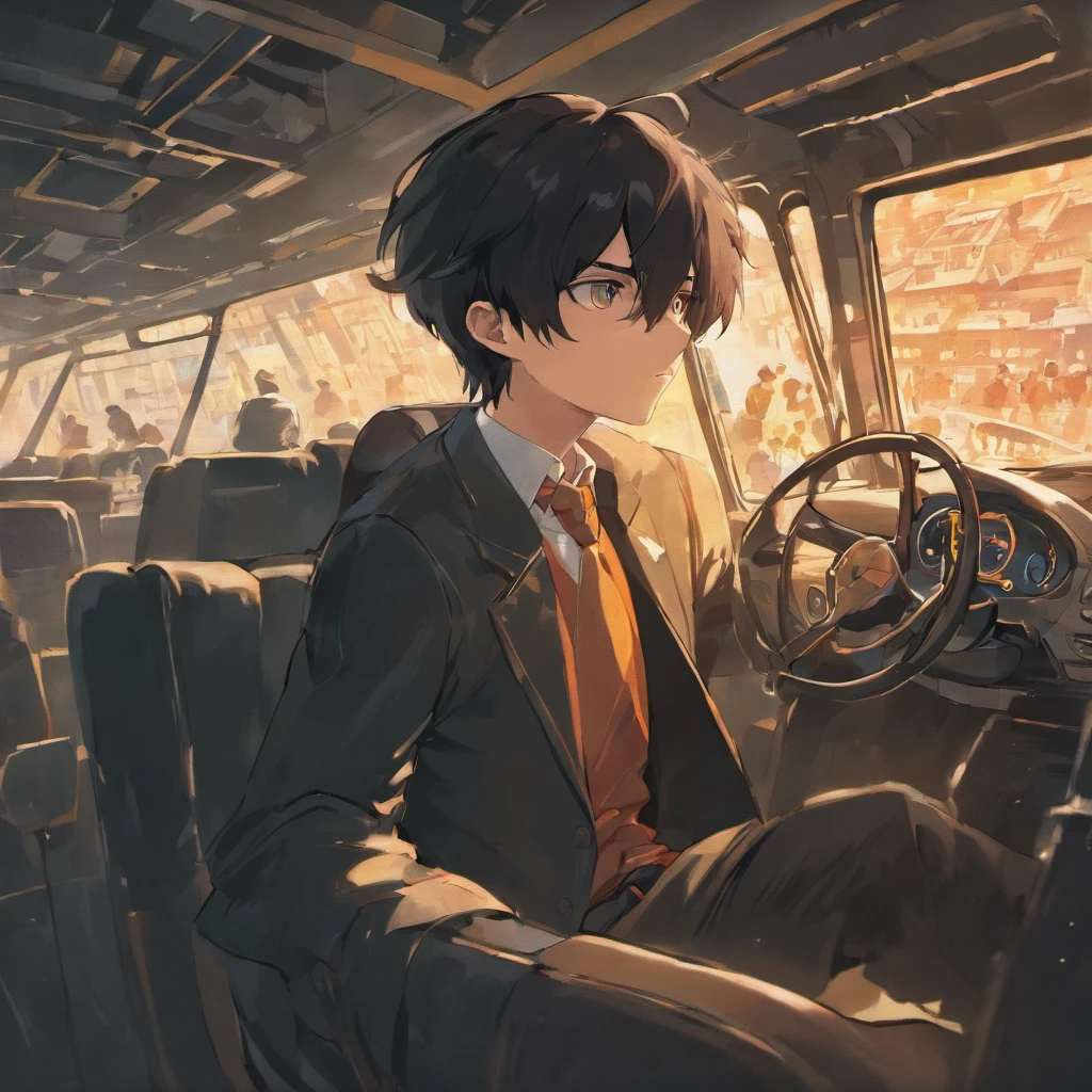Black-haired protagonist boy、guido、drivers seat