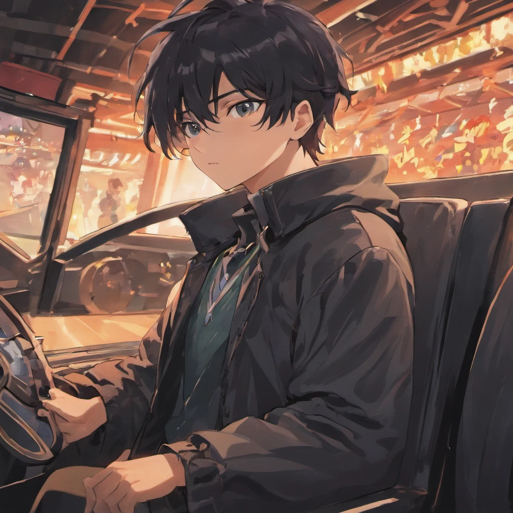 Black-haired protagonist boy、guido、drivers seat