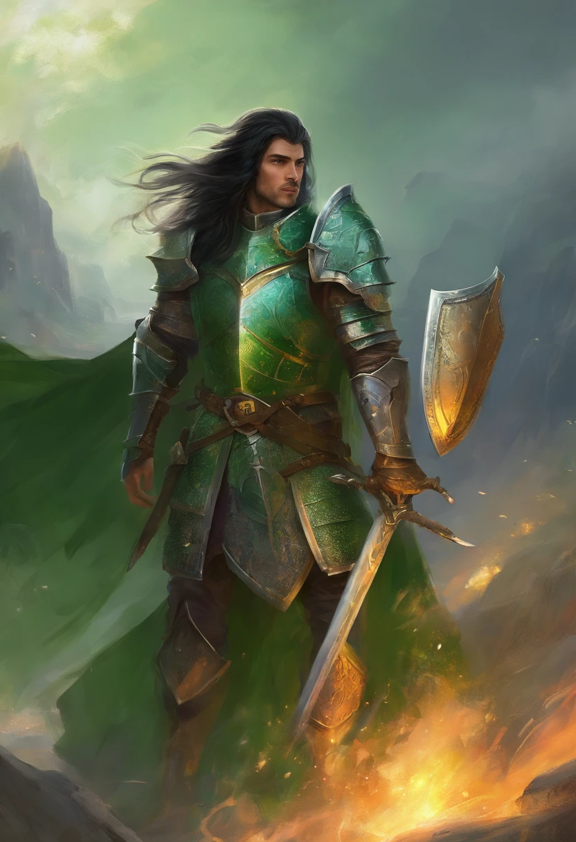 Medieval knight. He wears green armor. A helmet that covers the face. long black hair