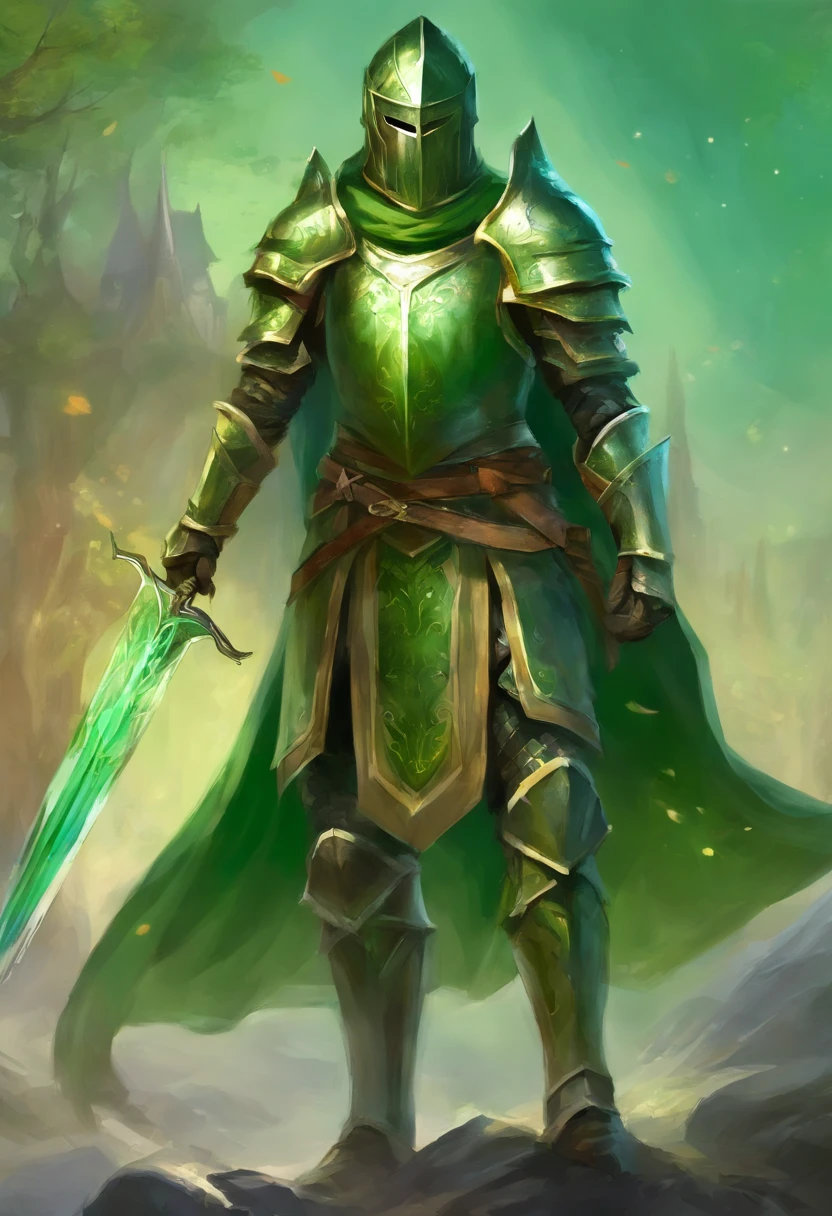 Medieval knight. He wears green armor. A helmet that covers the face. long black hair