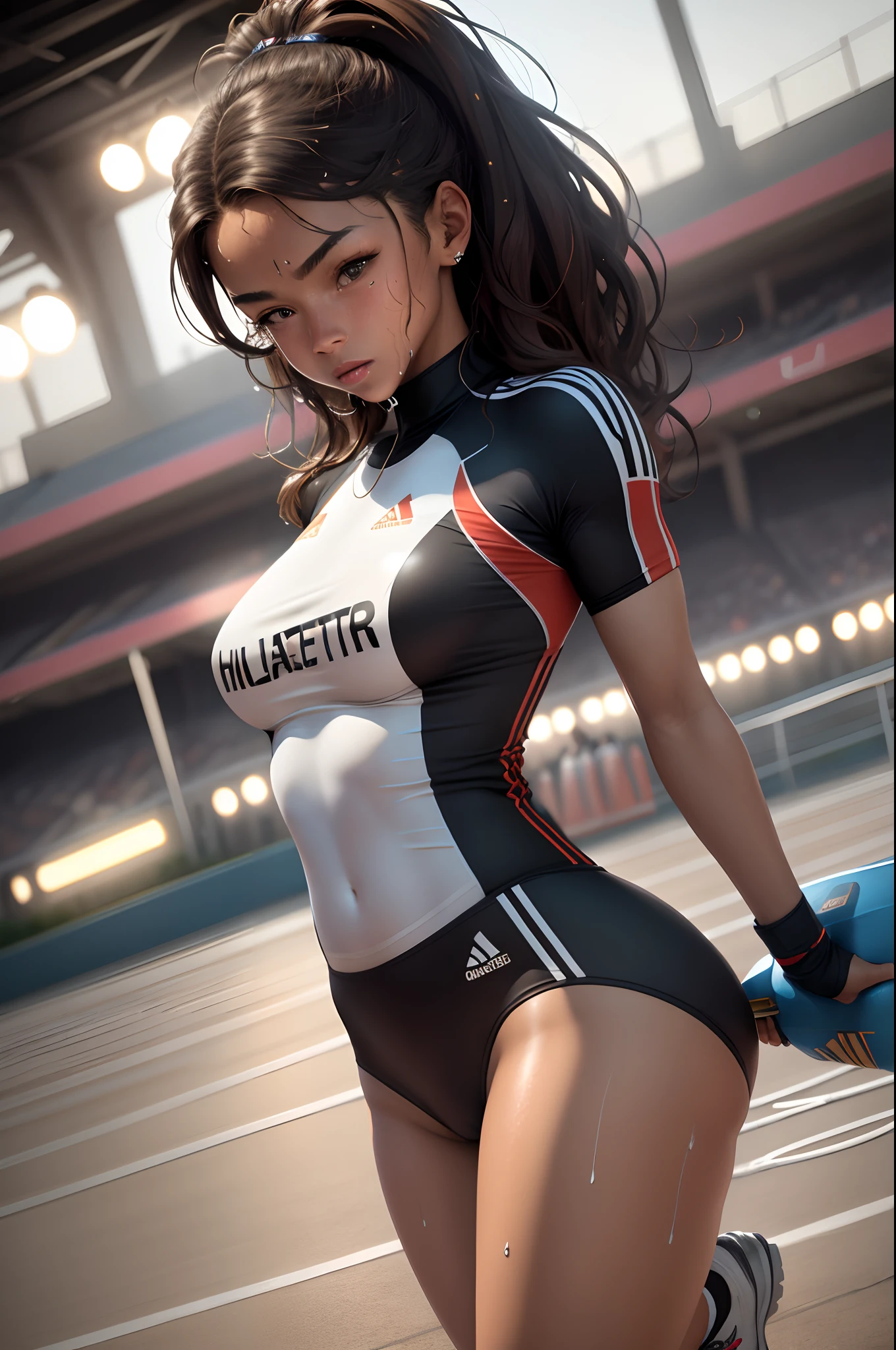 A female track and field athlete, 18 years old, drinking water from a water bottle, wearing a sports uniform, with black hair in a ponytail, red eyes, sweating, on a school sports field, bright sunlight, clear blue sky, summer, (best quality,4k,8k,highres,masterpiece:1.2),ultra-detailed,(realistic,photorealistic,photo-realistic:1.37),extremely detailed eyes and face,beautiful detailed eyes,beautiful detailed lips,longeyelashes,highly detailed athletic uniform,sweat glistening on skin,dynamic pose,sun flare,vibrant colors,cinematic lighting