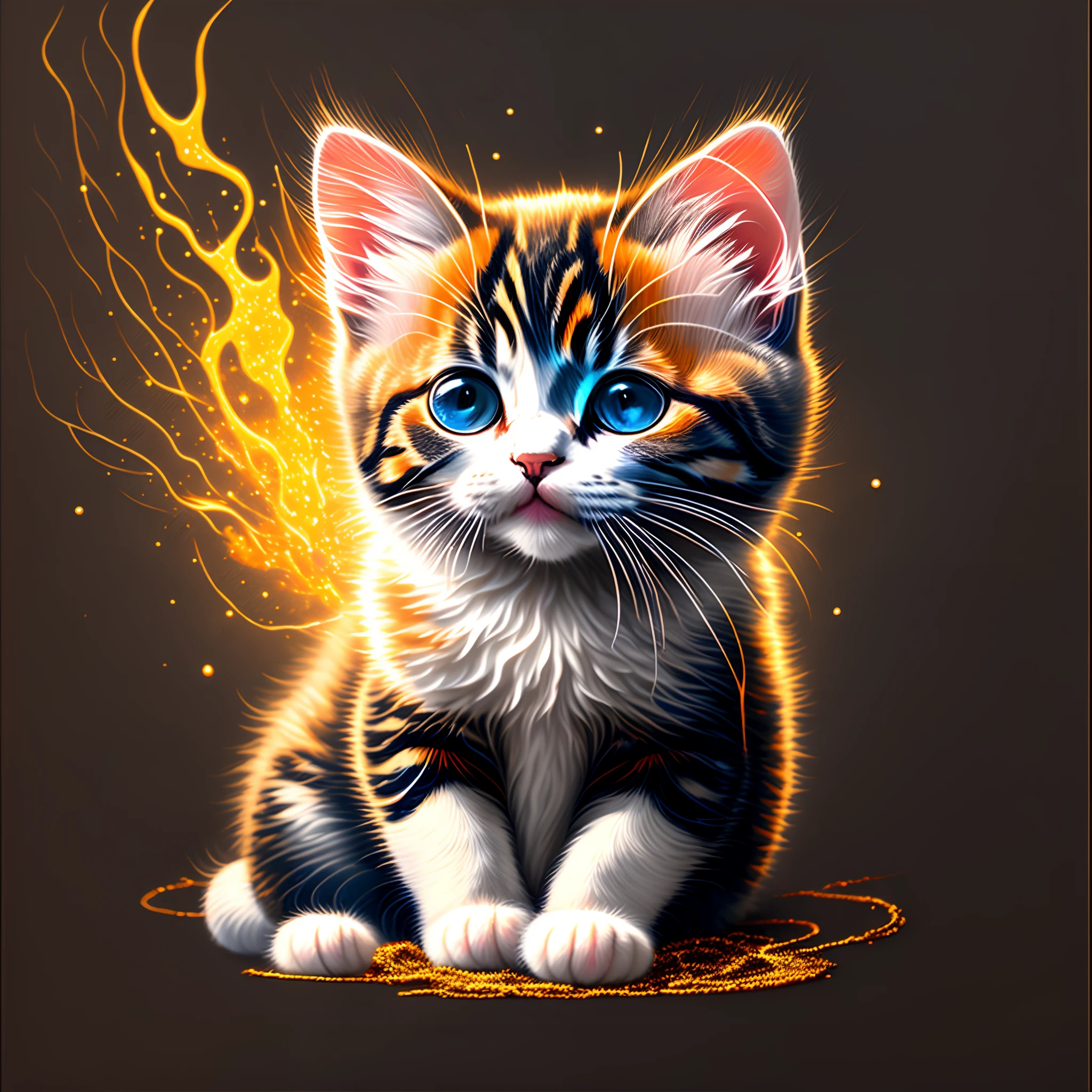 a painting of a colorful kitten on a black background,, breathtaking rendering, within a radiant connection, inspired by Kinuko Y. Craft,, magical elements, kitten icon, wow, is beautiful, casting a multi colorful spell, bright flash, flash