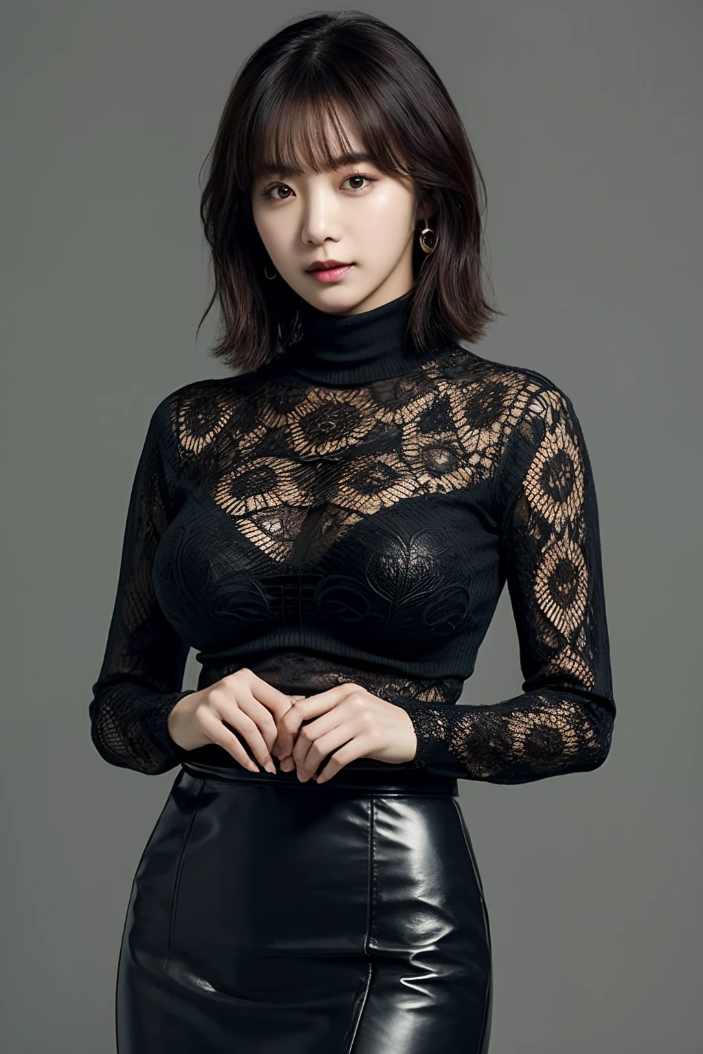 a K-pop idol wearing a turtle neck sweater,
(((masterpiece))), ((best quality)), ((intricate detailed)), ((Hyperrealistic)), absurd res, milf, mature woman, perspective, highly detailed, illustration, 1girl, ((large breasts)), perfect hands, detailed fingers, beautiful detailed eyes, short hair, brown eyes,(turtle neck:1.2), tight skirt, detailed background, choker, perfect eyes, seductive eyes, looking at the viewer, from front