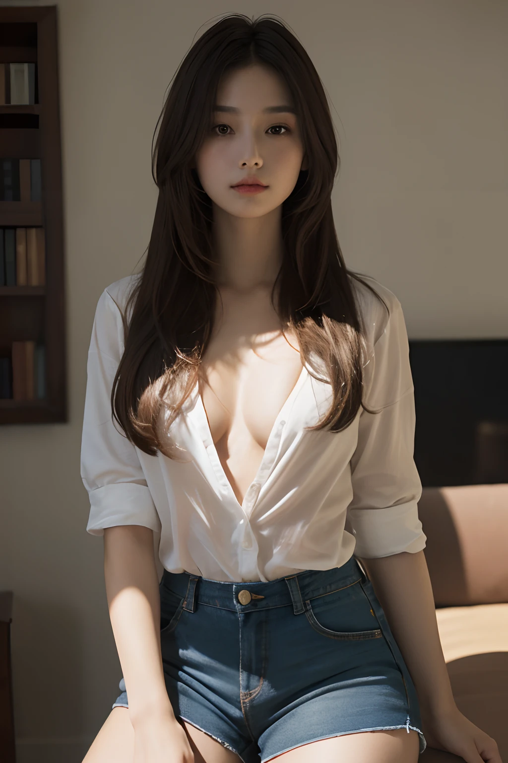 (bestquality, high-res, Ultra-high detail, (Realistic:1.5), 1girls,Thin shirt,open chest,Beautiful breasts,short pants,living room, Deep Shadows, Don't get distracted....., cold light, Charming features, very long hair, (hair_Brown))