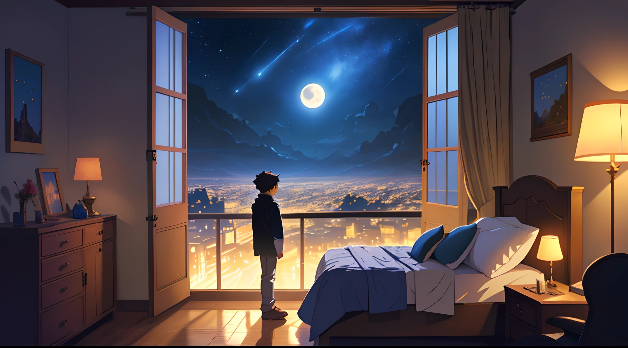 Boy painting on desk in beautiful cozy room, Warm light in his room, Night time, concept art inspired by Makoto Shinkai, Pixiv Contest Winner, Best Quality, beautiful anime scene, Bright moon, anime scener, Animated scenes like in the movies, Night, Fantastic Anime, atmospheric anime, Starry sky, detail Enhanced.
