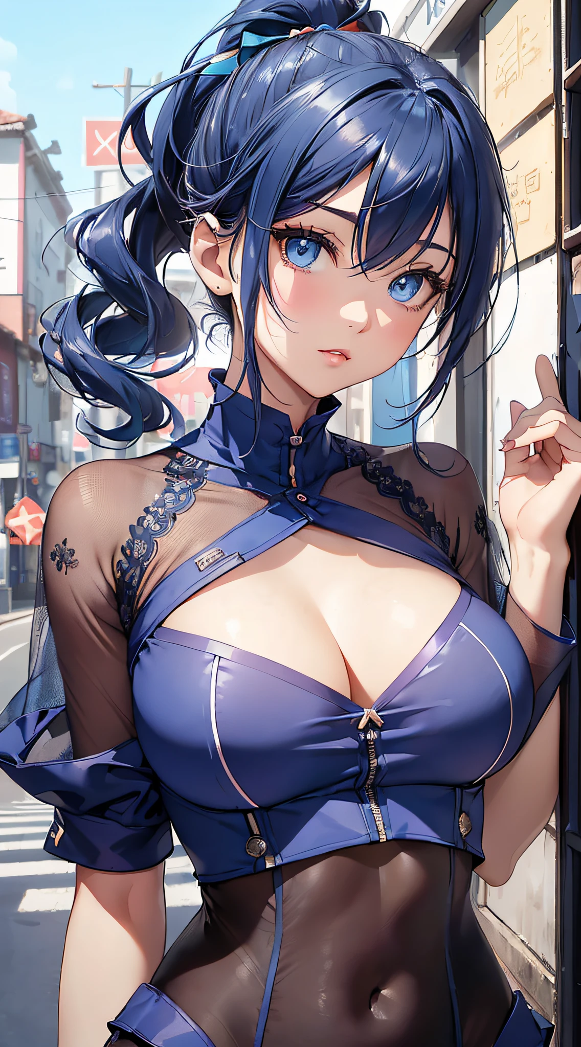 top-quality、Top image quality、​masterpiece、girl with((cute little、18year old、Best Bust、Medium bust、Bust 85,Beautiful blue eyes、Breasts wide open,Ponytail with black hair、A slender、Blue hair mesh、Beautiful sailor suit、falda corta,Dash)）hiquality、Beautiful Art、Background with((blue-sky、Wagas)),masutepiece、Elaborate design、visualart、depth of fields、The best lighting、highestdetailed、8ｋ