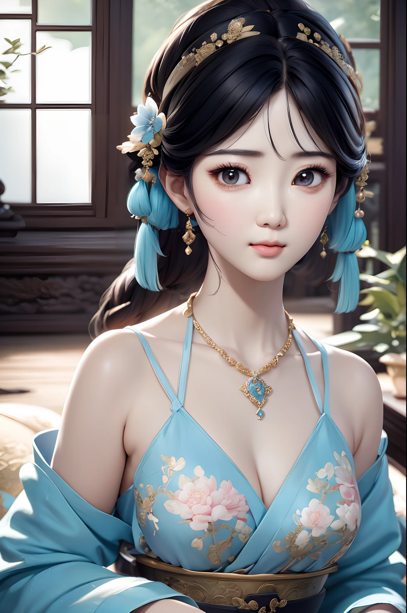 Close-up of a woman wearing a light blue slip dress necklace, Chinese style, Chinese girl, Beautiful character painting, Guviz-style artwork, Palace ， A girl in Hanfu, Beautiful rendering of the Tang Dynasty, Realistic anime 3 D style, trending on cgstation, 8K high quality detailed art, Princesa chinesa antiga, Chinese woman, Guviz