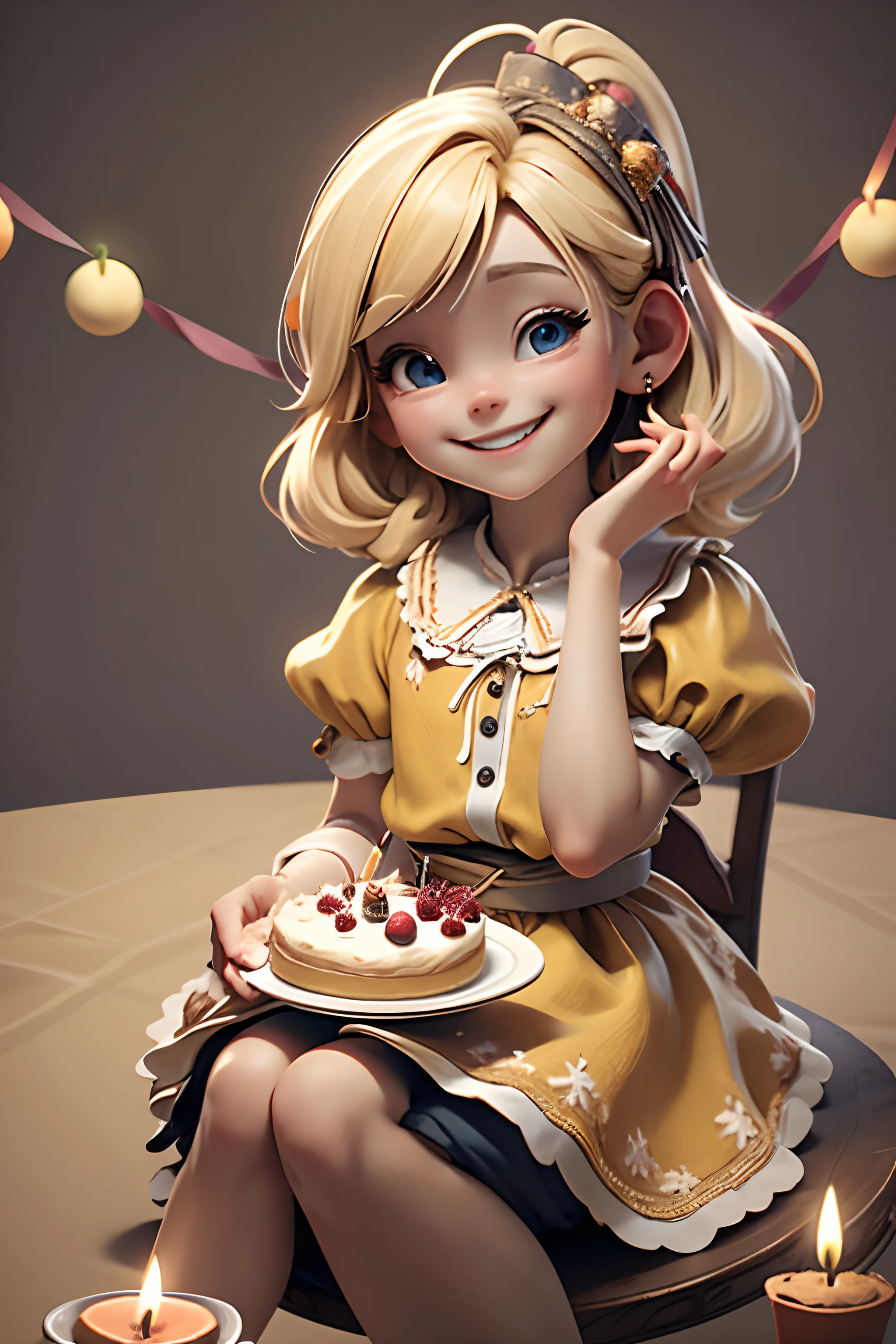happy birthday. Festive table with cake with candles, There are a lot of colorful balls around. foreground: skinny blonde girl sitting on the edge of the table and smiling. Fun Party. a closeup of a.