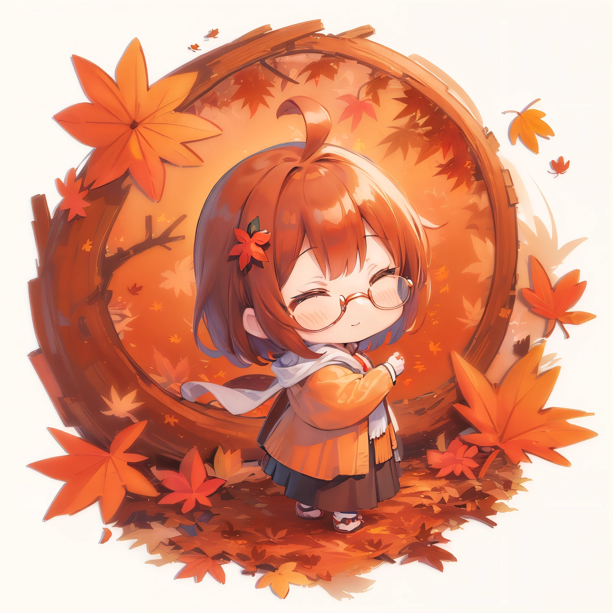 (((masutepiece))), Best Quality, Extremely detailed, (from the rear), (casual:1.2), (shawls:1.2), (((girl with))), (((Solo))), Happy, Glasses, Closed eyes, Full body, Ahoge, (((Deformed))), (((Chibi Character))), (((Autumn background))), (Bright red background), (((Autumn Leaf Felt))),