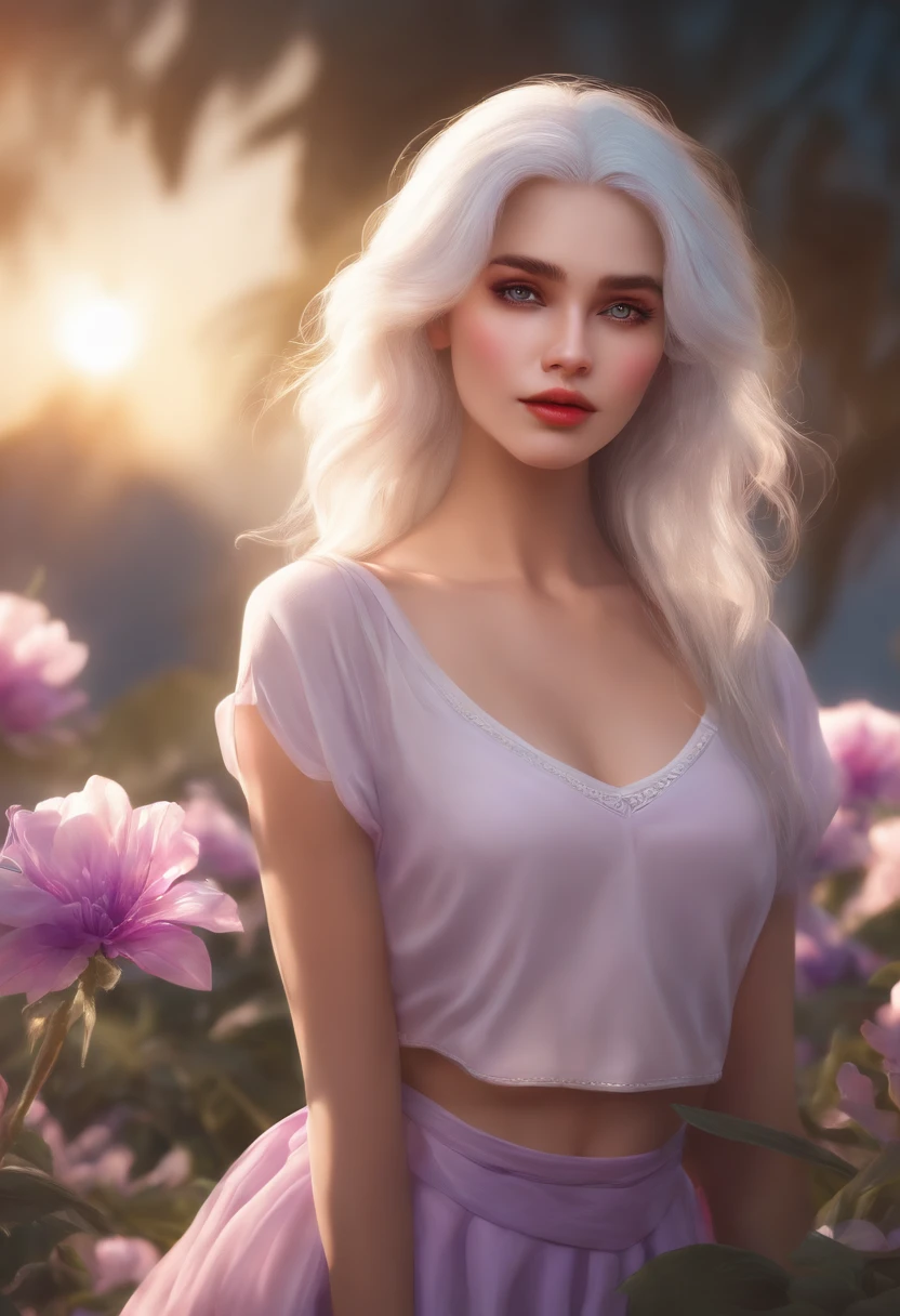 realistic, 1girl, white hair, purple eyes, glowing eyes, crop top, skirt, parted lips, blush, night, flowers, sun, sunlight,