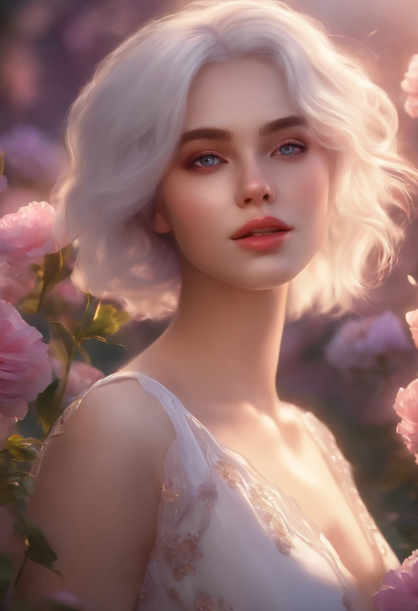 realistic, 1girl, white hair, purple eyes, glowing eyes, crop top, skirt, parted lips, blush, night, flowers, sun, sunlight,