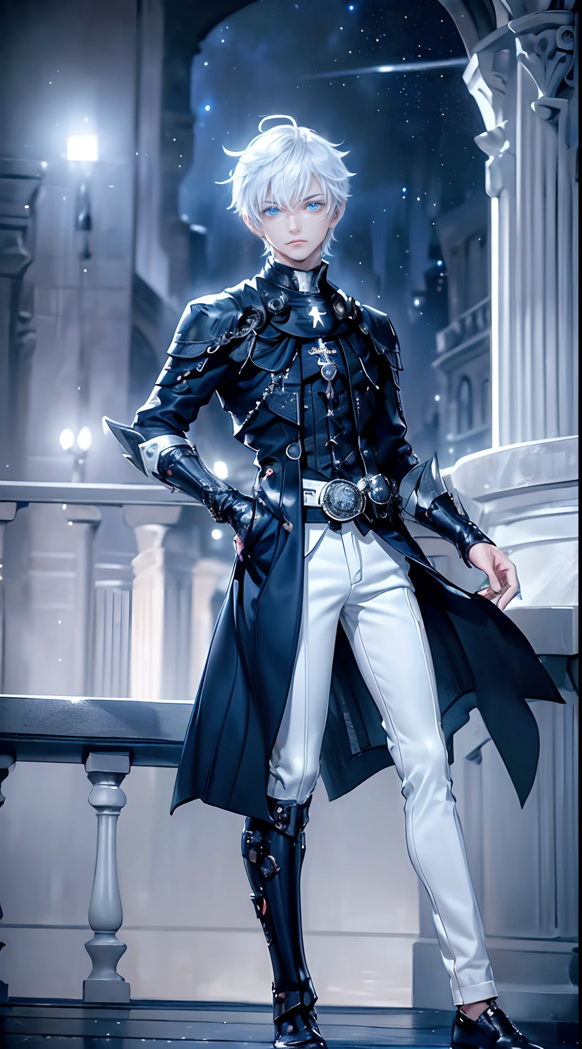 ((4K works))、​masterpiece、(top-quality)、One beautiful boy、Slim body、tall、((Black Y-shirt and white pants、Charming English knight style))、(Detailed beautiful eyes)、Fantastic English black balcony、Castle inhabited by villains、Villain Knight、Balcony at night、((Starry sky in the background))、((dark sky))、((Fashionable city scenery at midnight))、((Standing on a stylish balcony and shooting))、mid night、((Face similar to Carly Rae Jepsen))、((Short-haired white hair))、((Smaller face))、((Neutral face))、((Bright blue eyes))、((American adult male))、((Adult male 26 years old))、((Cool Men))、((Like a celebrity))、((Angry look))、((Korean Makeup))、((elongated and sharp eyes))、((Happy dating))、((boyish))、Professional Photos、(((Shot alone)))、((Shot from diagonally in front))、((Focus zoom in))、((He is looking at the starry sky))、((He is standing on the balcony))、horor、((Beautiful and cool photos))、Cool pose