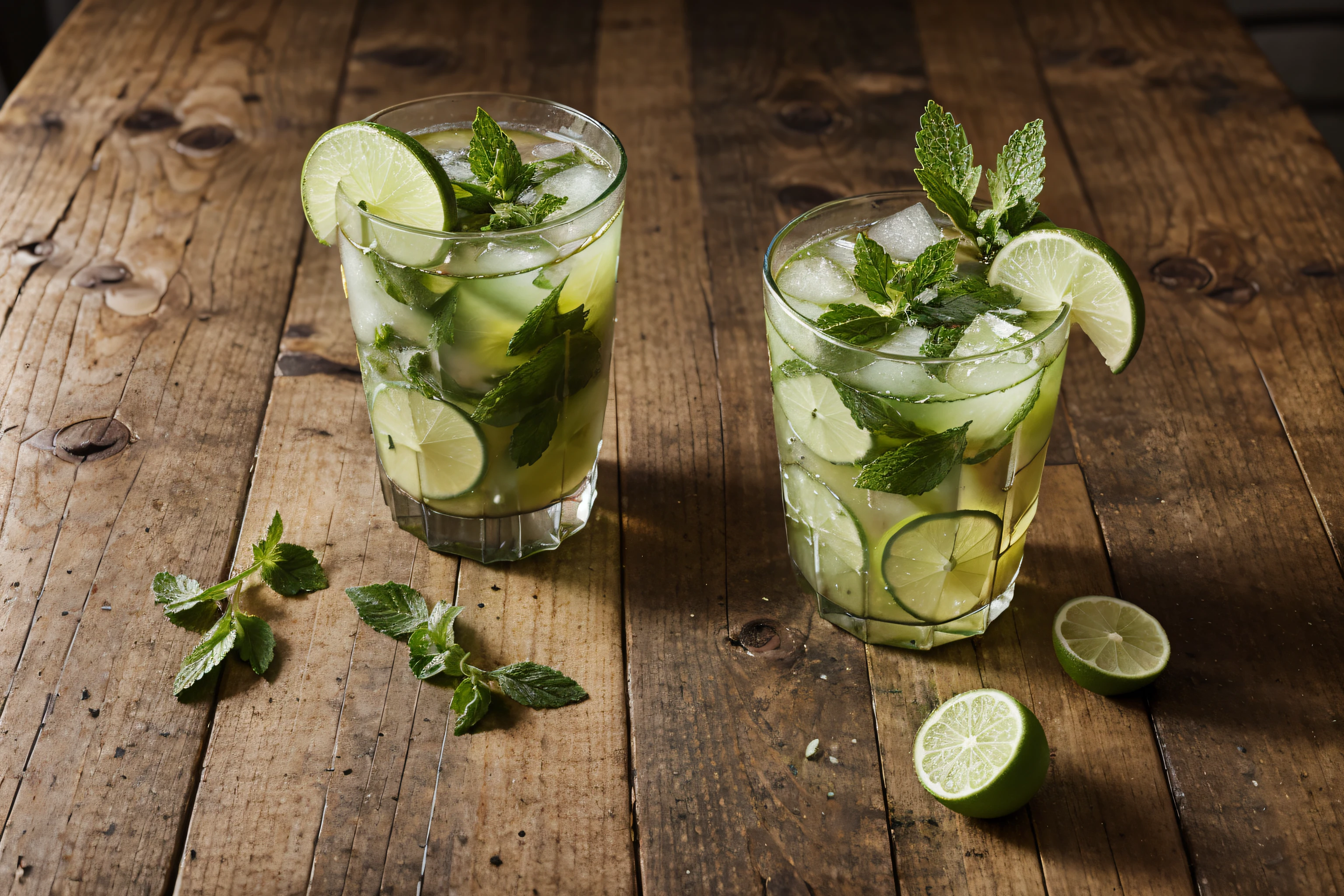 Fresh iced detox drink with lime and mint on dark rustic table top view, copy space for your design. super realistic. highest quality