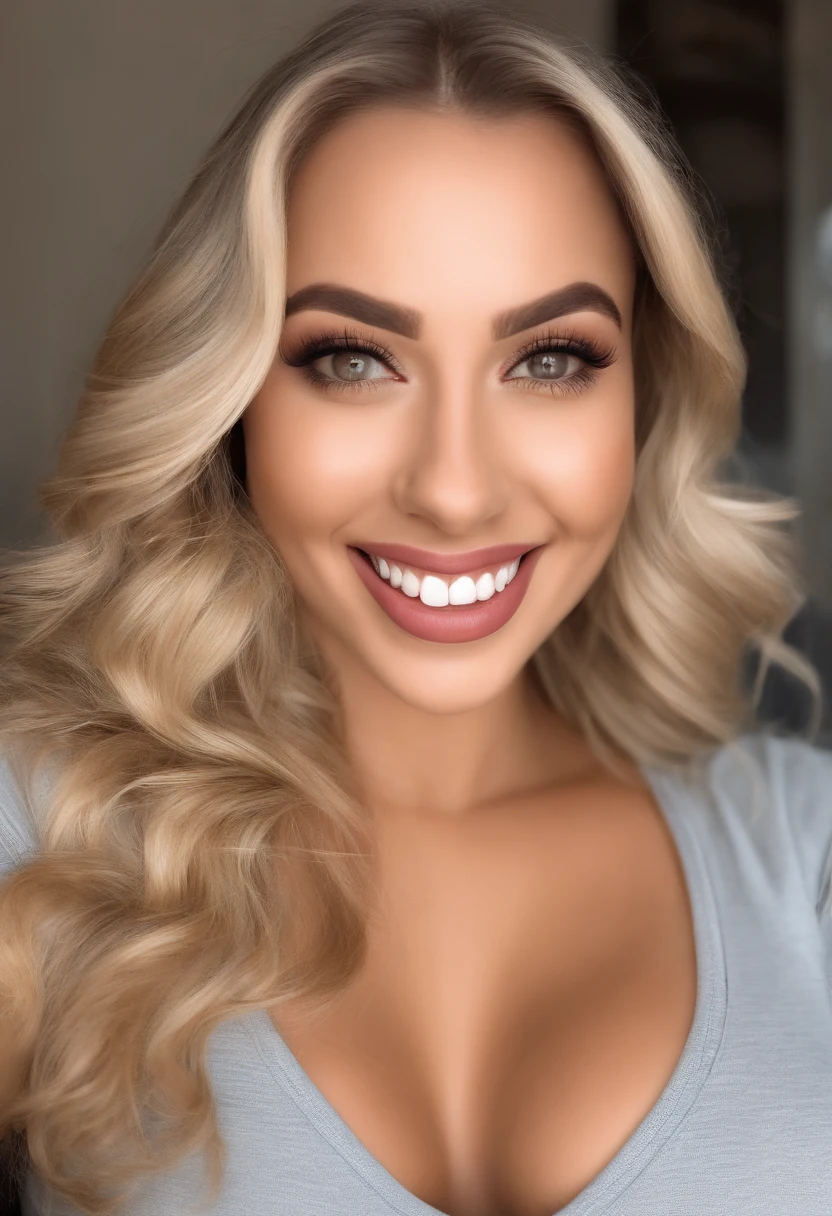 Una chica que sube contenido para onlyfans, rubia, con nalgas y tetas grandes, con una sonrisa en el rostro, calidad en la imagen y realista