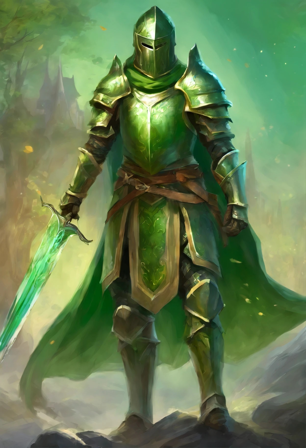 Medieval knight. He wears green armor. A helmet that covers the face. long black hair