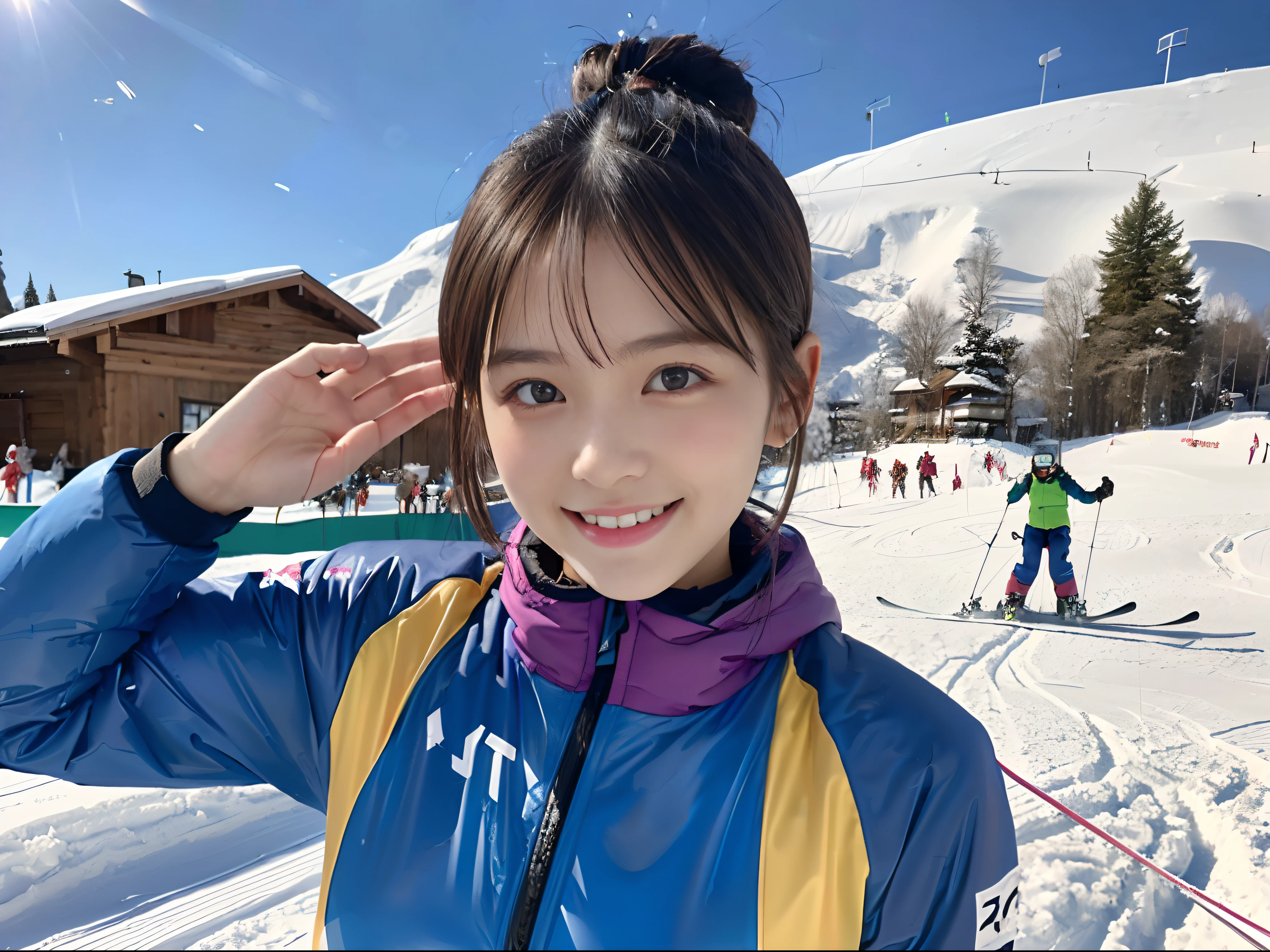 (Portrait of one girl with thin small breasts and short hair in colorful ski wear:1.5)、(One girl skiing with a show face and a small smile :1.5)、(Snow Ski Garden:1.5)、(Beautiful blue sky 1.5)、(Perfect Anatomy:1.3)、(No mask:1.3)、(complete fingers:1.3)、Photorealsitic、Raw photography、masutepiece、top-quality、hight resolution、delicate and pretty、face perfect、Beautiful detailed eyes、Fair skin、Real Human Skin、pores、((thin legs))、(Dark hair)