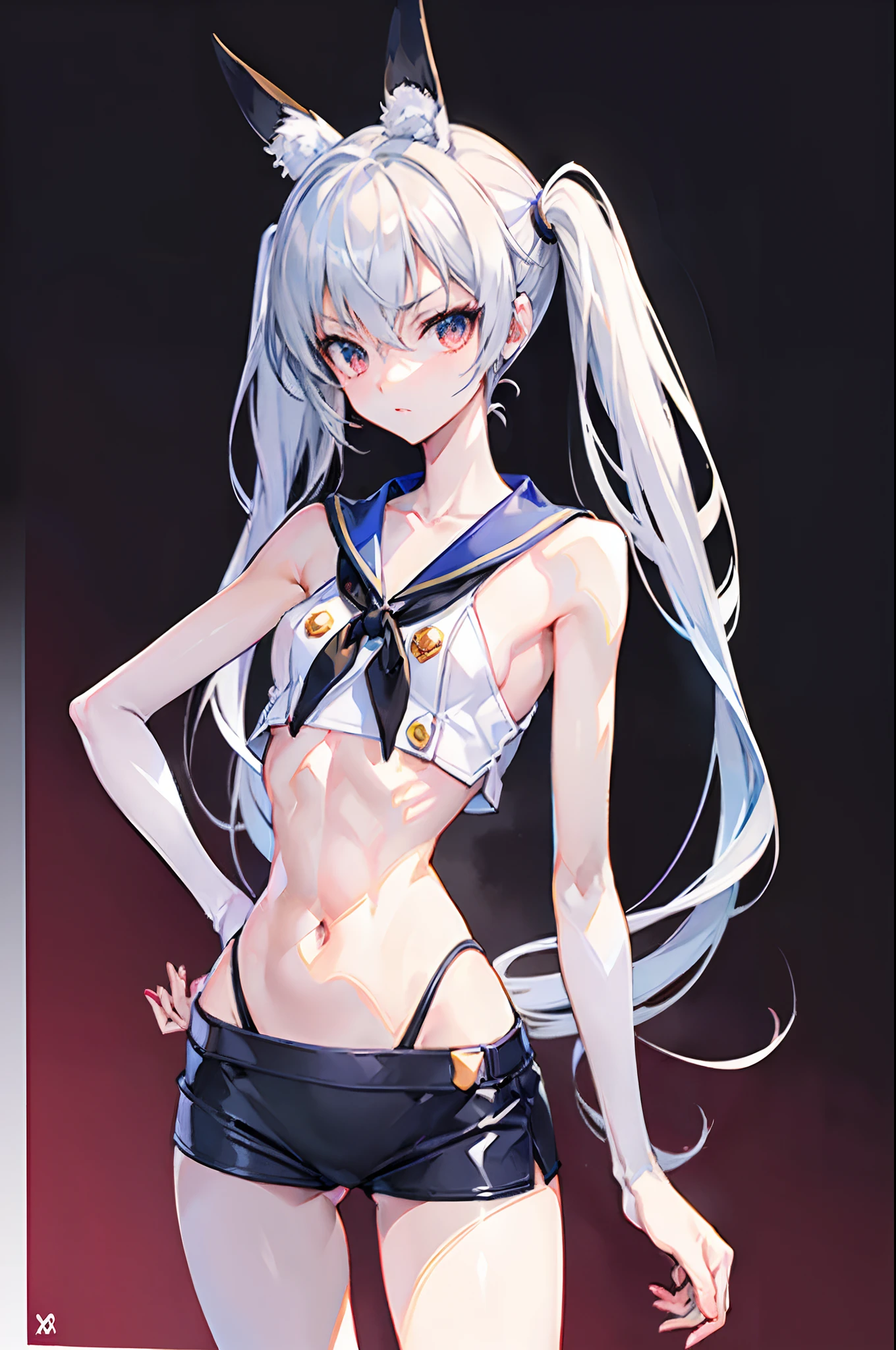 shimacos,(best quality:1.2),masterpiece,(ultra-detailed:1.2),(hyper-realistic:1.1), glowing skin,hyper HD,(Extremely slender waist:1.22),full body,tachi-e,sharp focus,HighestQuali,(extremely boney),(skinny),(Extremely thin and slender:1.22),(extremely petite and small body:1.15), prominent hip bone,prominent pelvis,(Extremely slender and thin legs),prominent ribs,Extremely thin waist,Extremely sunken abdomen,(Extremely thin upper body),from below,Whole body diagram,in a panoramic view,from front,twintail