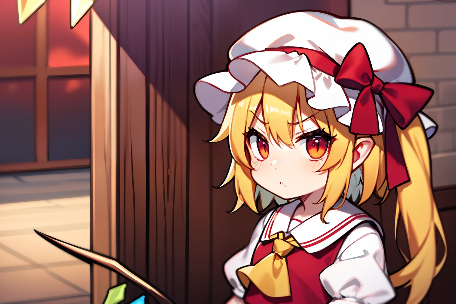 Flandre Scarlet、Hats、 beautiful countenance、Eye Highlights、{annoyed},、Petite、bright yellow hair、shortsleeves、childish、