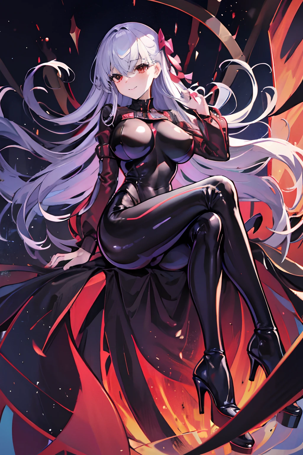 Carefully draw the face High-quality faces in anime style Shiny black full body suit Black High Heels Red lines all over the body huge tit Big ass Whip thighs seductiv a smile succubus Sit up