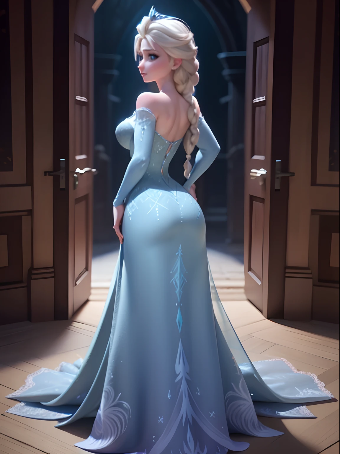 elsa of arendelle, beautiful face, detailed face, long tight blue dress, hands on hips, big breasts, big round ass, (back facing camera), full body, hot, standing in a castle, high quality, detailed