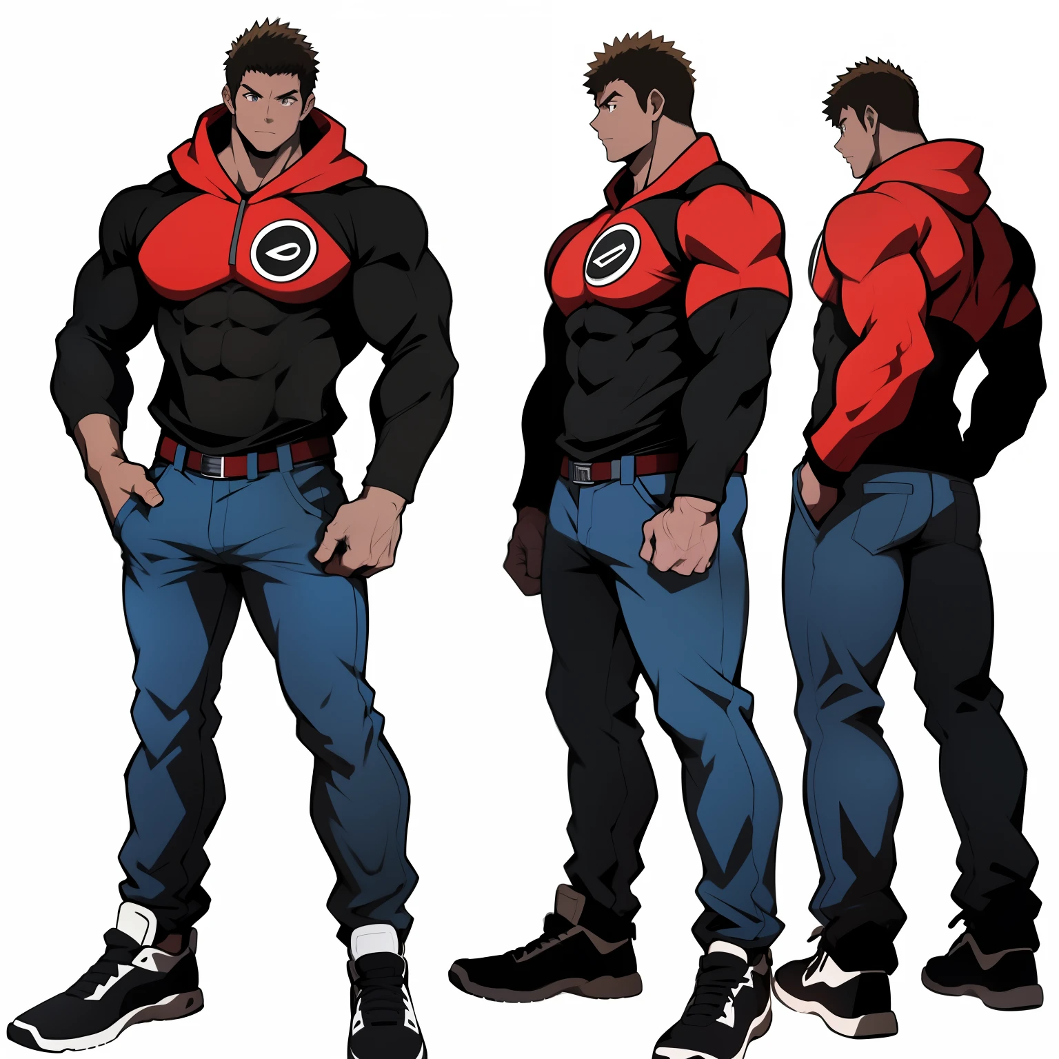 ((arte estilo anime)), imagem superior, angulo de cima para baixo, personagem masculino extremamente musculoso, corpo de bodybuilder, wearing a long-sleeved blouse with hood covering the head, Character is leaning against a wall with his hands in his pockets, Scenery of the Urban Center, rua movimentada, constructions, pessoas e veiculos. Personagem protagonista de anime, imagem bonita, disco Rigido, 4k, Protagonist character leaning against a wall with his hands in his pockets, (((imagem angulo superior)))