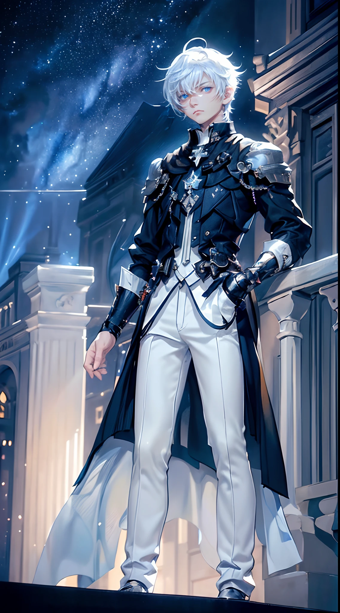 ((4K works))、​masterpiece、(top-quality)、One beautiful boy、Slim body、tall、((Black Y-shirt and white pants、Charming English knight style))、(Detailed beautiful eyes)、Fantastic English black balcony、Castle inhabited by villains、Villain Knight、Balcony at night、((Starry sky in the background))、((dark sky))、((Fashionable city scenery at midnight))、((Standing on a stylish balcony and shooting))、mid night、((Face similar to Carly Rae Jepsen))、((Short-haired white hair))、((Smaller face))、((Neutral face))、((Bright blue eyes))、((American adult male))、((Adult male 26 years old))、((Cool Men))、((Like a celebrity))、((Angry look))、((Korean Makeup))、((elongated and sharp eyes))、((Happy dating))、((boyish))、Professional Photos、(((Shot alone)))、((Shot from diagonally in front))、((Focus zoom in))、((He is looking at the starry sky))、((He is standing on the balcony))、horor、((Beautiful and cool photos))、Cool pose