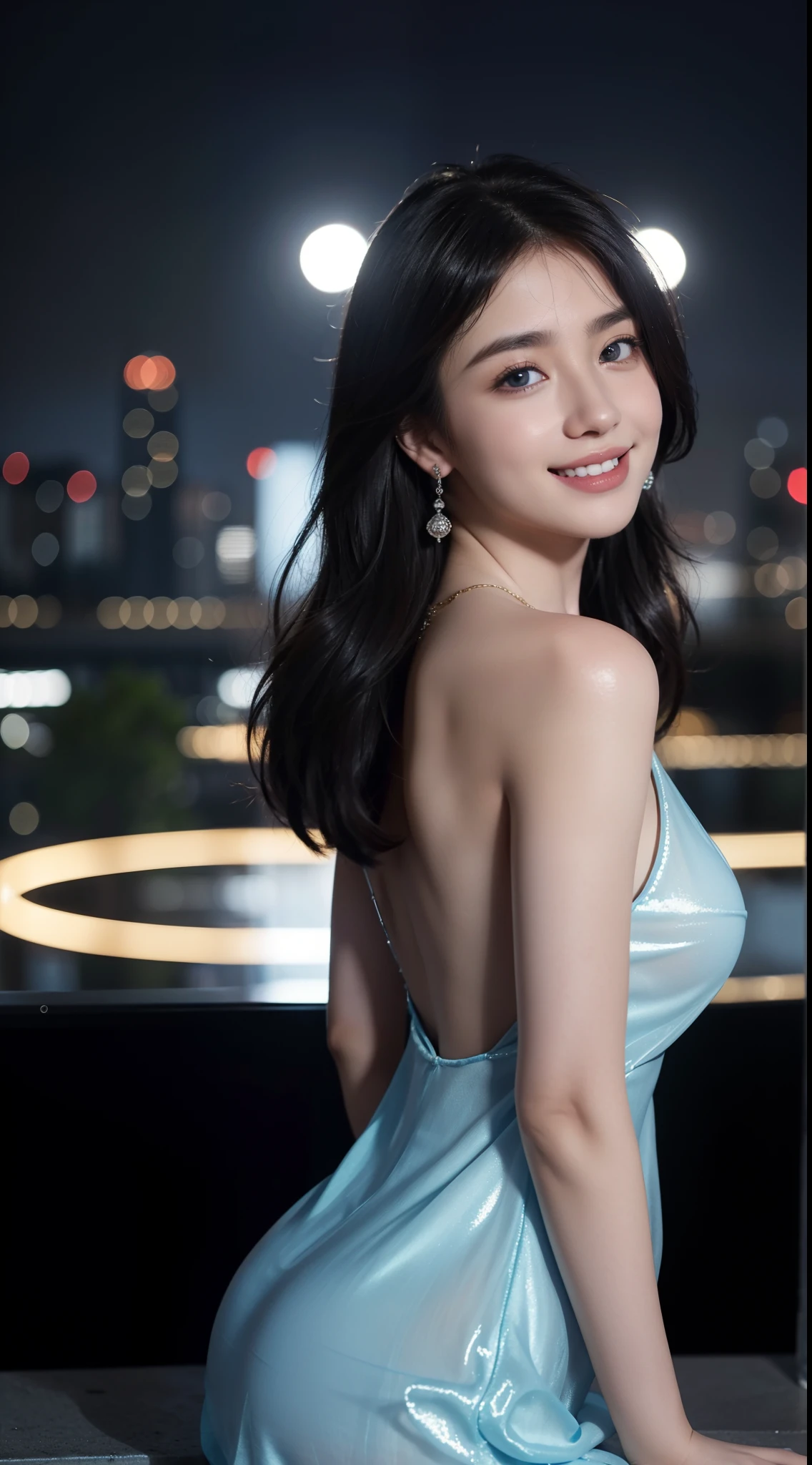 8k, masterpiece, RAW photo, best quality, photorealistic, extremely detailed CG unity 8k wallpaper, Depth of field, Cinematic Light, Lens Flare, Ray tracing, (extremely beautiful face, beautiful lips, beautiful eyes), intricate detail face, ((ultra detailed skin)) 1girl, in the dark, deep shadow, pretty asian girl, ((looking at viewer)),(big smile), (blurry background), midnight, (pretty girl), earrings, bracelets, necklace, clear eyes, (pale skin), face forward, (big eyes), (looking at viewer), large breasts ,((smile)), rooftop, dim lights, ((night)), cityscape, blue eyes, see through gown, long gown, red sleeping gown, open breast, veranda, very slim, (medium butt), see through, thick thighs, open breast, (back shot), focus on ass, naked