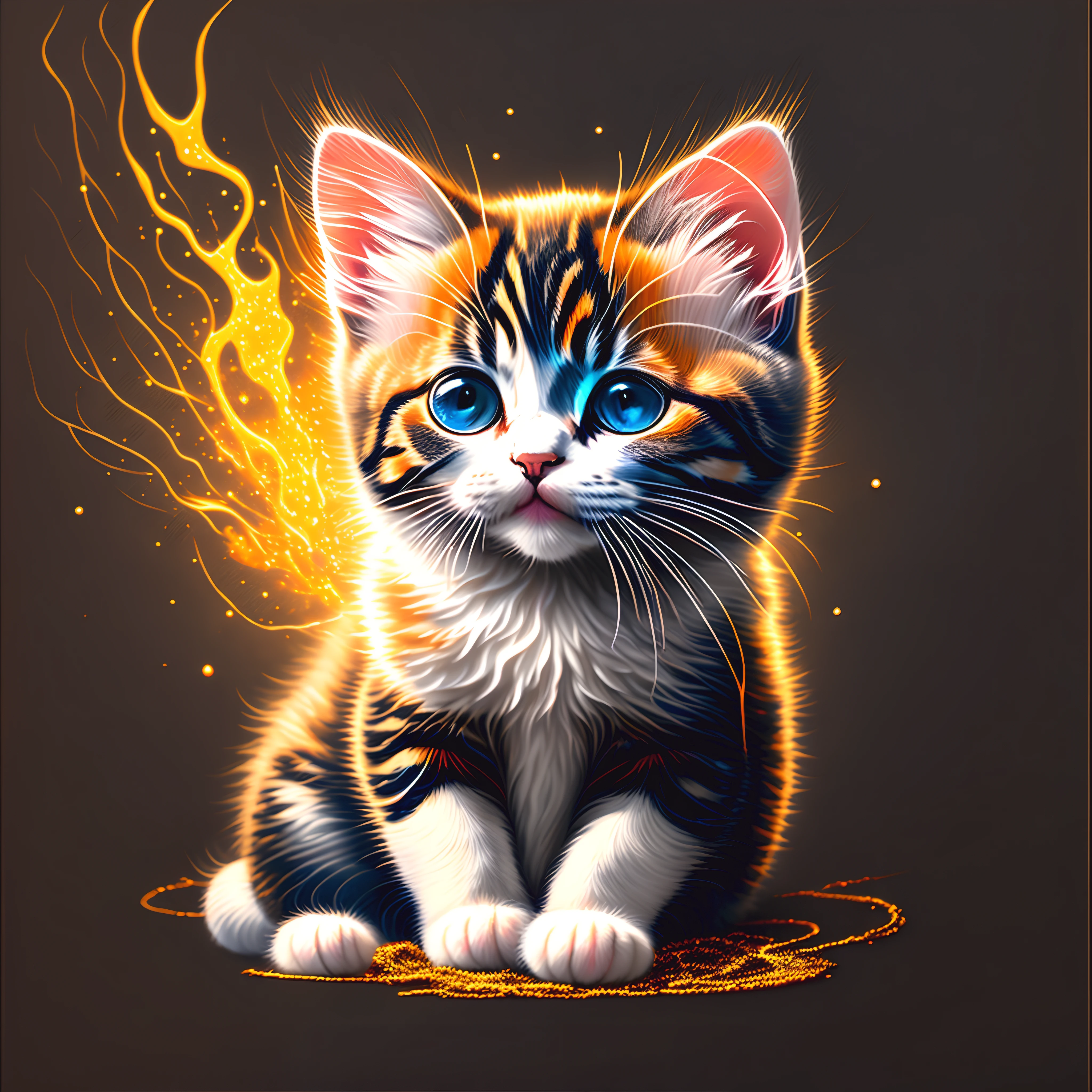 a painting of a colorful kitten on a black background,, breathtaking rendering, within a radiant connection, inspired by Kinuko Y. Craft,, magical elements, kitten icon, wow, is beautiful, casting a multi colorful spell, bright flash, flash