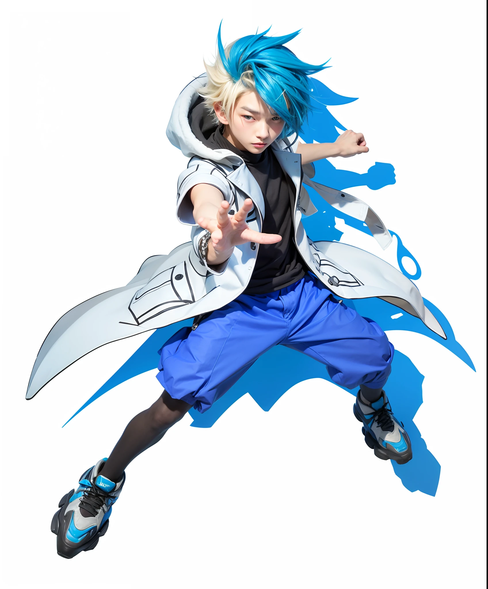 Young japanese boy with blue and blond hair and blue eyes reaching forawd his right hand, he is wearing a white and blue coat with a black shirt underneath, blue shorts and black, blue and white shoes