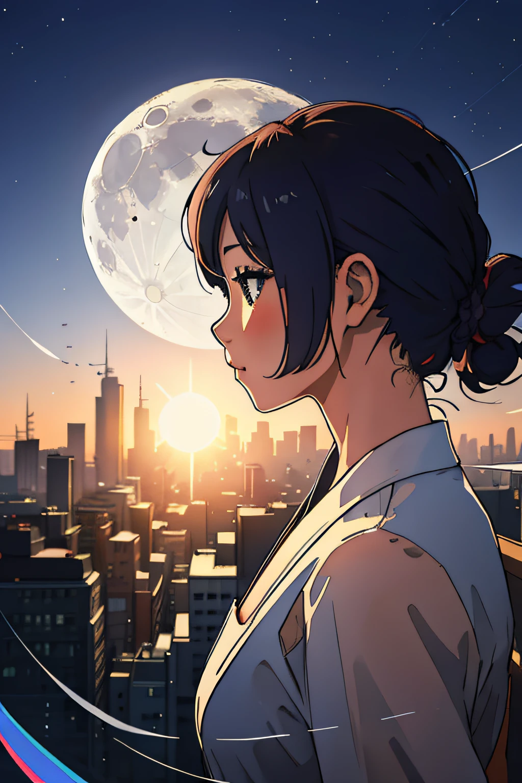 masterpiece、top-quality、girl with、gradation hair、A city scape、(double exposure:1.4) Moon and Sun