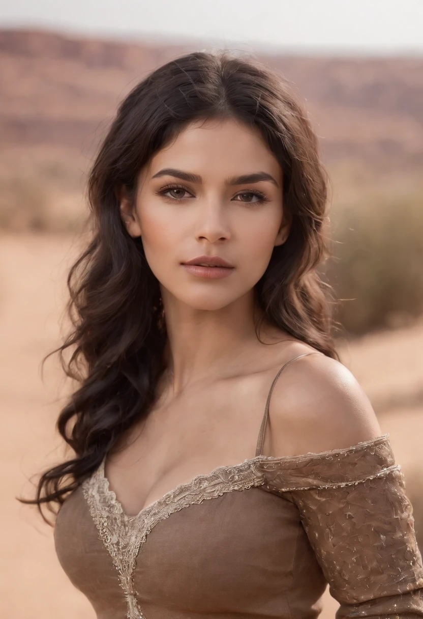 fair complexion ,latina woman , natural short curly black hair, brown eyes,  vaquera, slender and graceful, beautiful, desert, ultra sharp focus, realistic shot, thick waist, big breast, body tattoos, cowgirl, nose piercings, earrings, high quality, HD, lip piercing, Nasallang Piercing, Ashley Piercing,  Ruger Vaquero ,