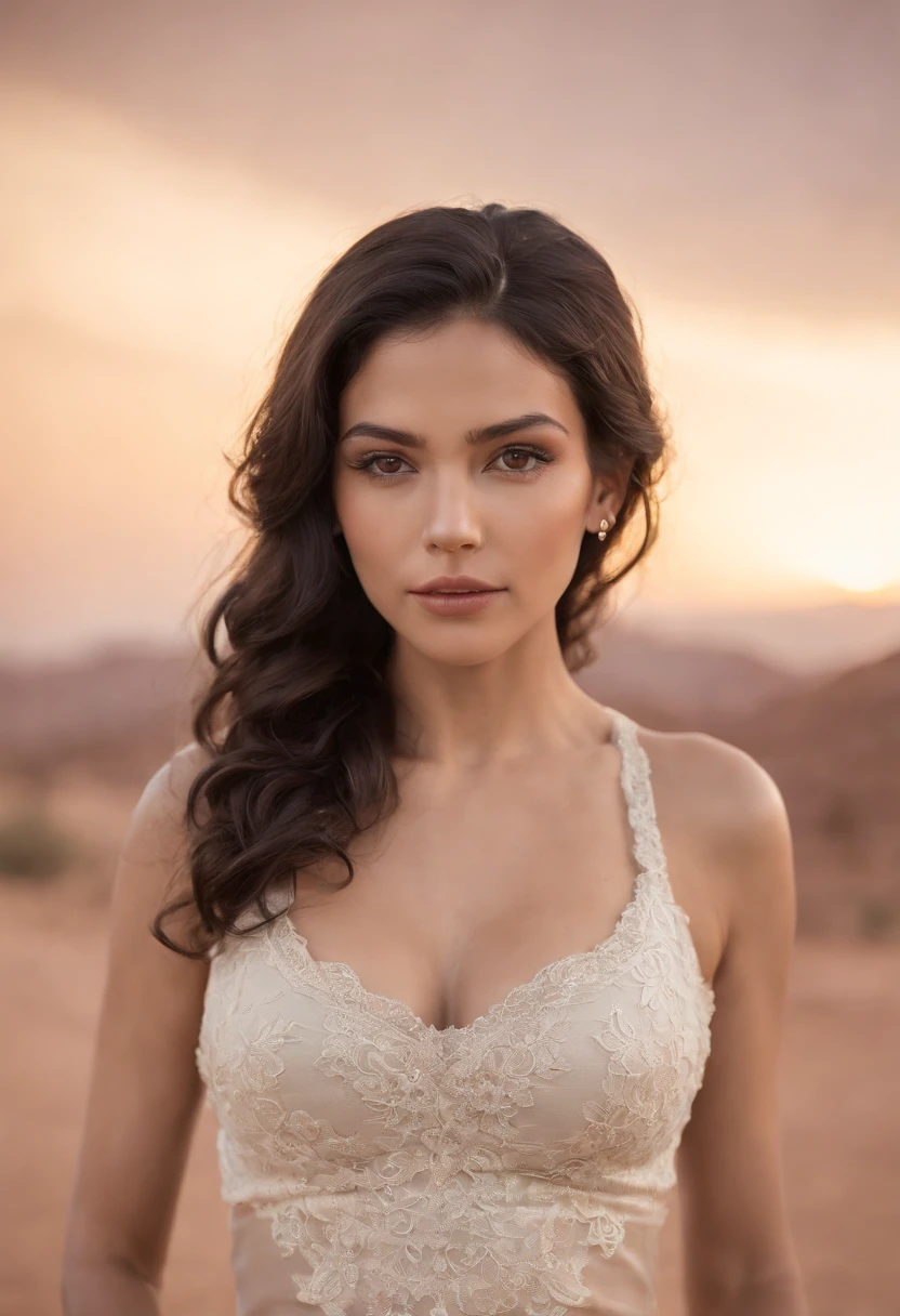 fair complexion ,latina woman , natural short curly black hair, brown eyes, vaquera, slender and graceful, beautiful, desert, ultra sharp focus, realistic shot, thick waist, big breast, body tattoos, cowgirl, nose piercings, earrings, high quality, HD, lip piercing, Nasallang Piercing, Ashley Piercing, Ruger Vaquero ,