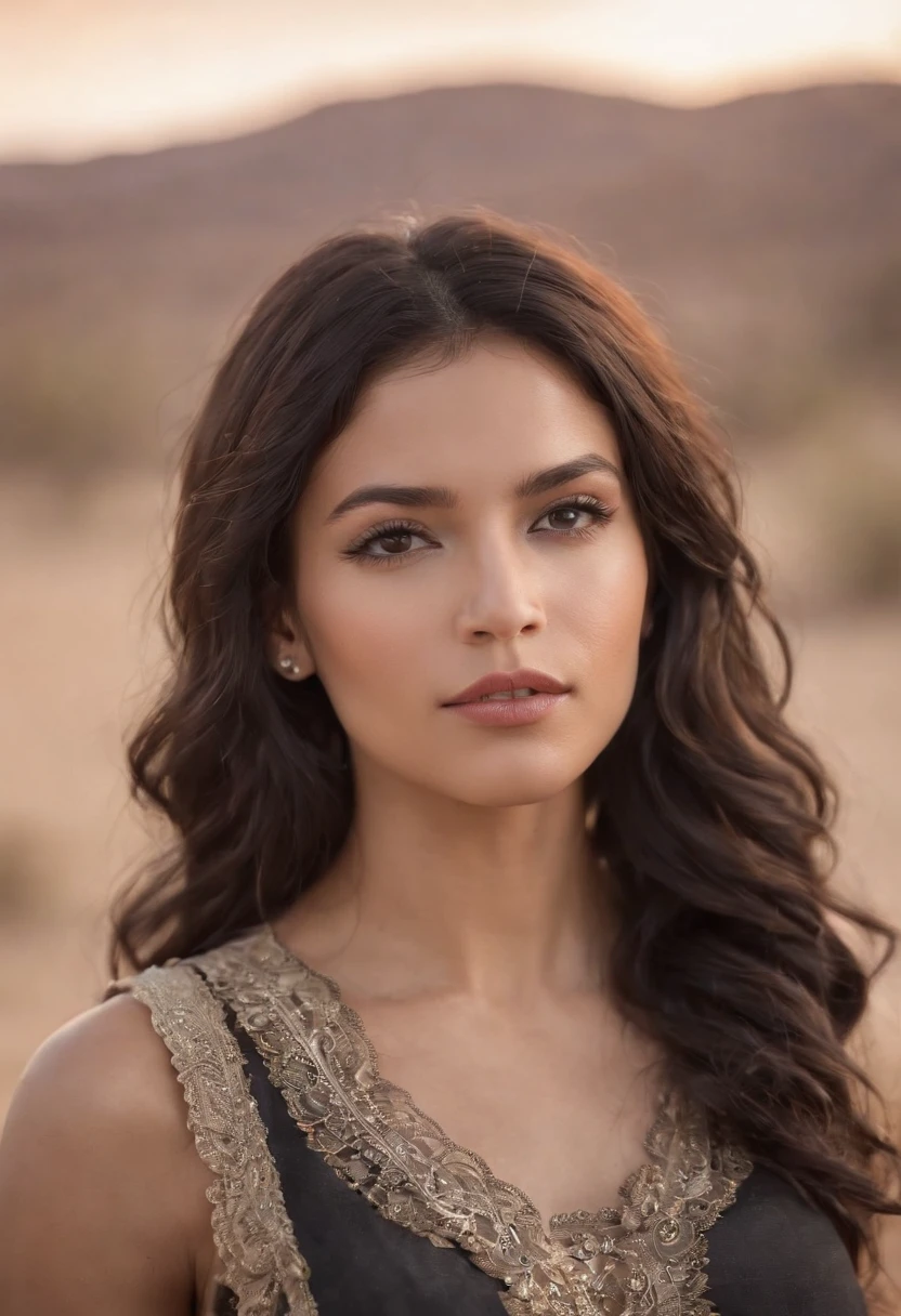 fair complexion ,latina woman , natural short curly black hair, brown eyes, vaquera, slender and graceful, beautiful, desert, ultra sharp focus, realistic shot, thick waist, big breast, body tattoos, cowgirl, nose piercings, earrings, high quality, HD, lip piercing, Nasallang Piercing, Ashley Piercing, Ruger Vaquero ,