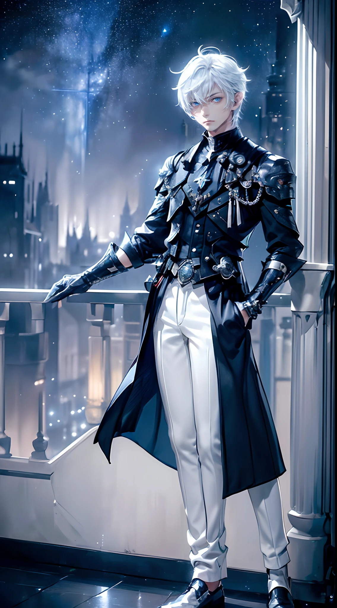 ((4K works))、​masterpiece、(top-quality)、One beautiful boy、Slim body、tall、((Black Y-shirt and white pants、Charming English knight style))、(Detailed beautiful eyes)、Fantastic English black balcony、Castle inhabited by villains、Villain Knight、Balcony at night、((Starry sky in the background))、((dark sky))、((Fashionable city scenery at midnight))、((Standing on a stylish balcony and shooting))、mid night、((Face similar to Carly Rae Jepsen))、((Short-haired white hair))、((Smaller face))、((Neutral face))、((Bright blue eyes))、((American adult male))、((Adult male 26 years old))、((Cool Men))、((Like a celebrity))、((Angry look))、((Korean Makeup))、((elongated and sharp eyes))、((Happy dating))、((boyish))、Professional Photos、(((Shot alone)))、((Shot from diagonally in front))、((Focus zoom in))、((He is looking at the starry sky))、((He is standing on the balcony))、horor、((Beautiful and cool photos))、Cool pose