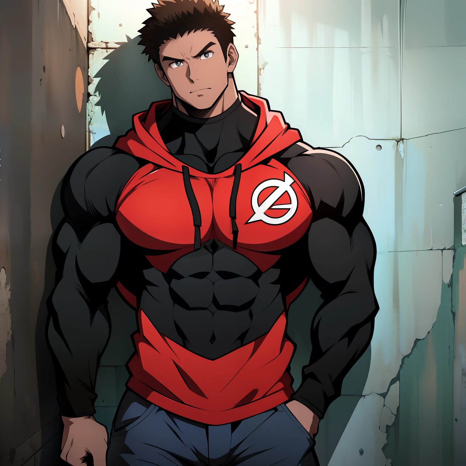 ((arte estilo anime)), imagem superior, angulo de cima para baixo, personagem masculino extremamente musculoso, corpo de bodybuilder, wearing a long-sleeved blouse with hood covering the head, Character is leaning against a wall with his hands in his pockets, Scenery of the Urban Center, rua movimentada, constructions, pessoas e veiculos. Personagem protagonista de anime, imagem bonita, disco Rigido, 4k, Protagonist character leaning against a wall with his hands in his pockets, (((imagem angulo superior)))
