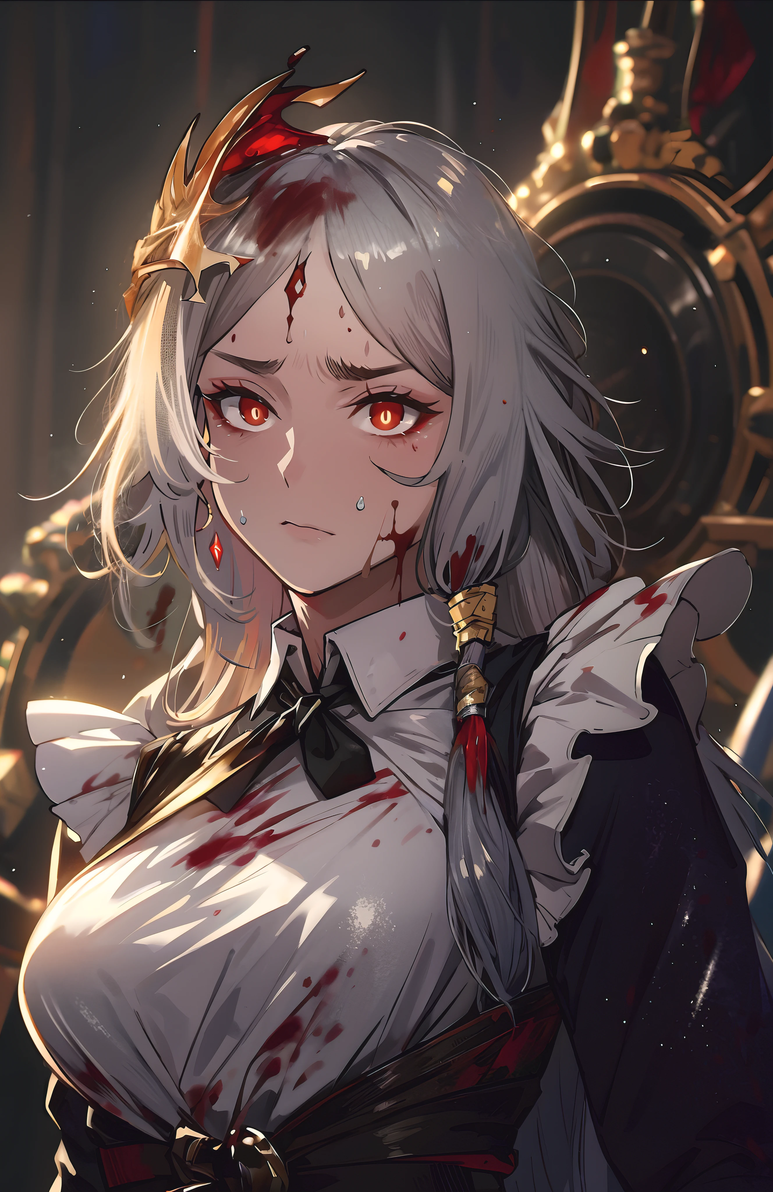 senti, red eyes, hair ornament, (long_hair, silver hair:1.6), sweating, glowing eyes, heavy breathing, breasts, blood, bloody_clothes, blood_on_face, 1girl, blood_splatter, bloody_weapon, bloody_hands, blood_stain, solo, maid_headdress, dress, nosebleed, knife, looking_at_viewer, breasts, upper_body, injury, blue_dress, apron, black_neckwear, long_sleeves, blood_from_mouth, maid, gradient_background, gradient, glow effects, godrays, Hand drawn, render, 8k, octane render, cinema 4d, blender, dark, atmospheric 4k ultra detailed, cinematic, Sharp focus, big depth of field, Masterpiece, colors, 3d octane render, 4k, concept art, trending on artstation, hyperrealistic, Vivid colors, extremely detailed CG unity 8k wallpaper, trending on CGSociety, Intricate, High Detail, dramatic, anime coloring, anime screencap, sweating, steaming body, fog