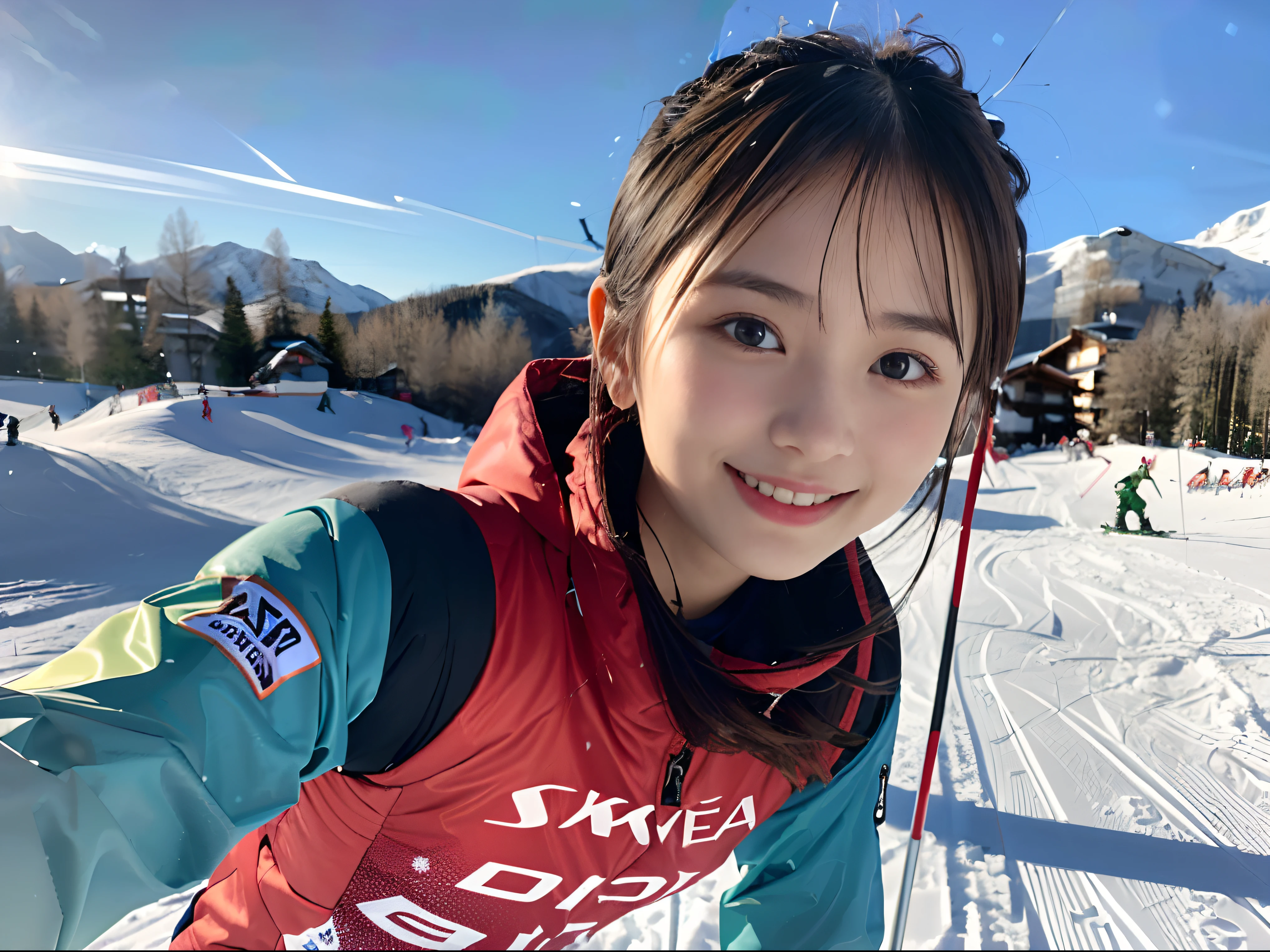 delightful, smiling, messy hair, (red bikini), (Scene of snowboarding:1.2), in the snow mountain, full body shot, from below