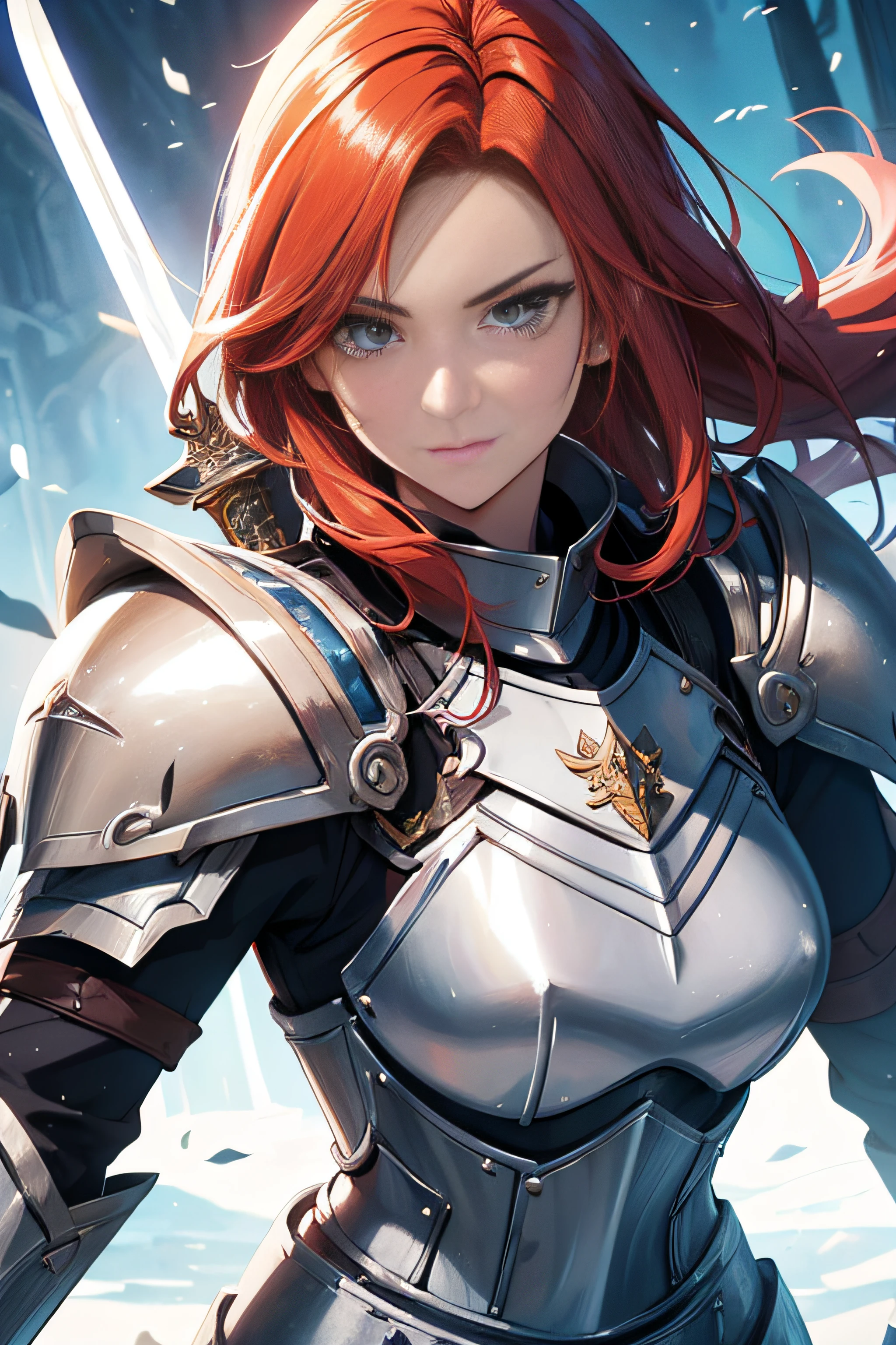Anime - Stylistic illustration of a woman holding a sword in armor, portrait knight female, portrait of female paladin, Armor Girl, female redhead templar, Female knight, Paladin, Kushatt Krenz Key Art Women, character art closeup, picture of female paladin, girl in knight armor, female armor, of a beautiful female knight, gorgeous female paladin