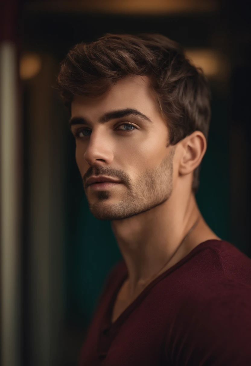 Realistic movie star portrait in a plain environment. Male, Short hair, unshaved, Smart look.