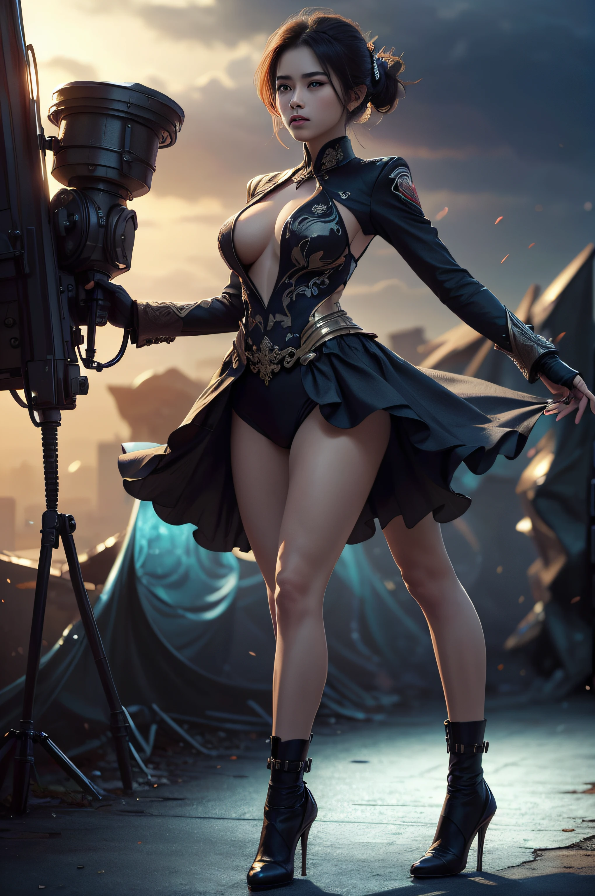 (Alta qualidade, Luzes detalhadas, Sombras detalhadas), 1 Asian girl, Traje sexy, standing on her feet, Ao ar livre, Envergonhada. --auto