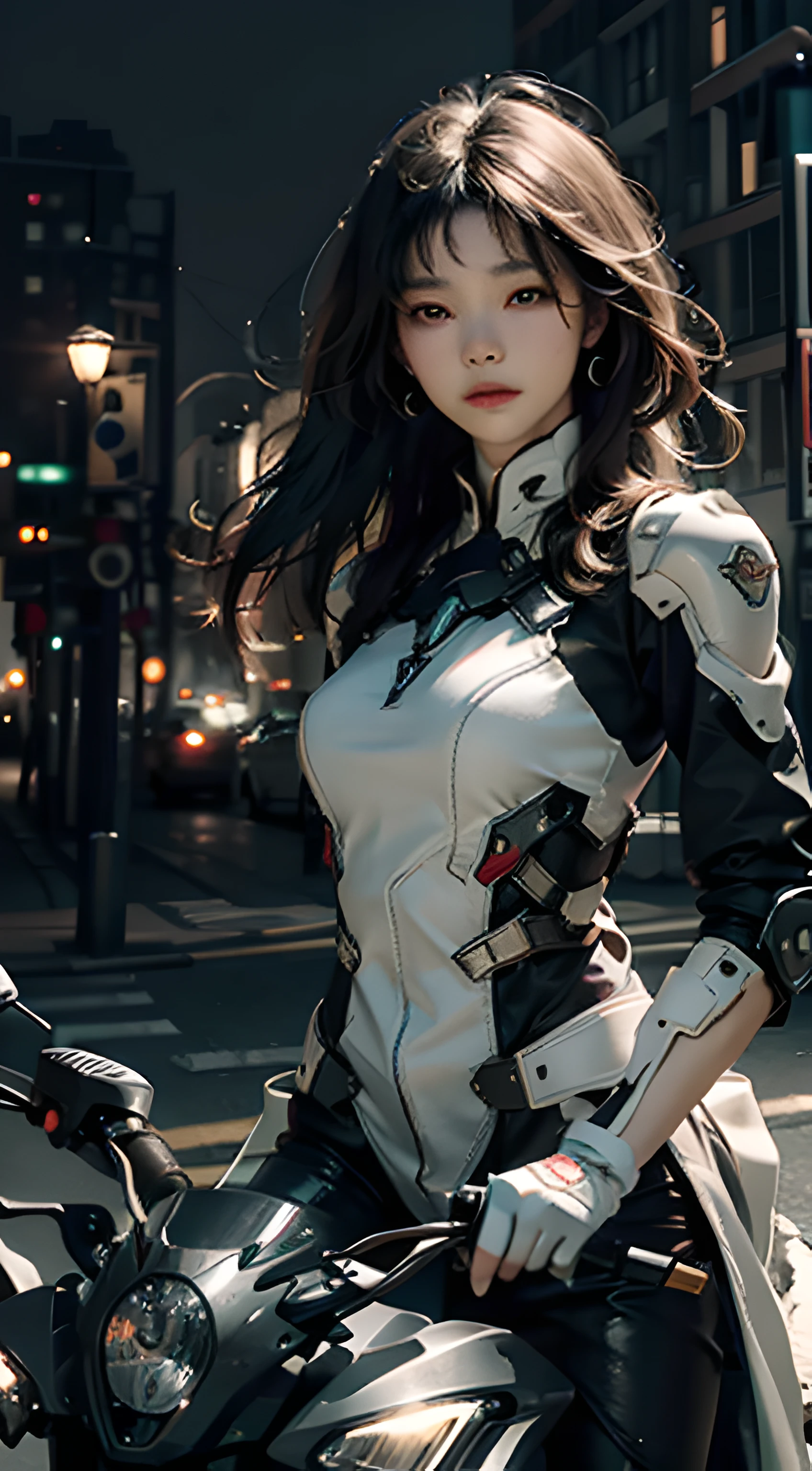Highest image quality,Outstanding details,超高分辨率,(Fidelity:1.4),The best illustration,Favor the details,Highly cohesive 1girl,He has a delicate and beautiful face,The fuselage of the silver-gray mech,Hold the direction controller,Riding on a motorcycle,The background is a high-tech lighting scene in the future city。