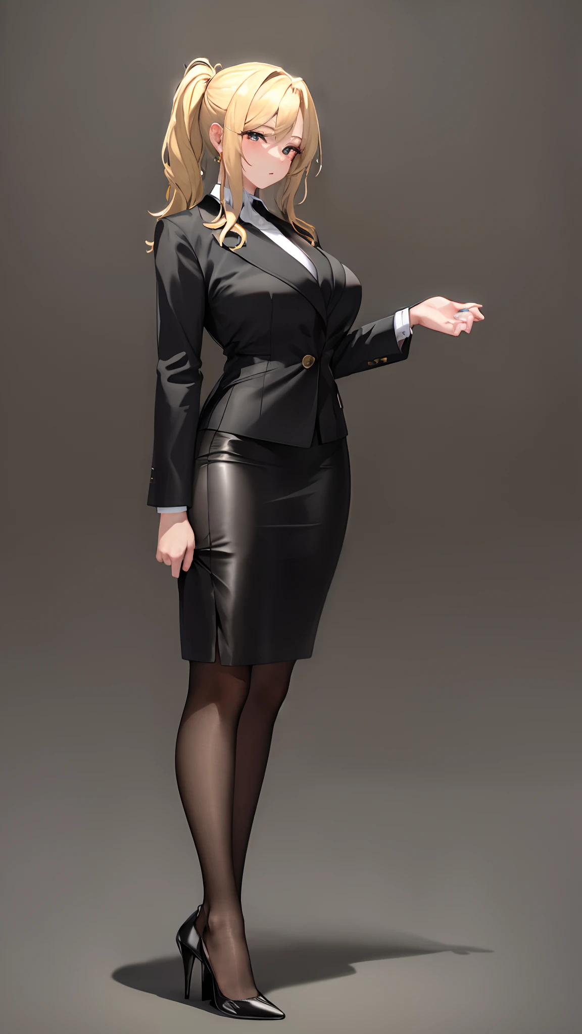 masterpiece, high resolution, high quality, female, blonde hair, black suit, tight skirt, high-heels,