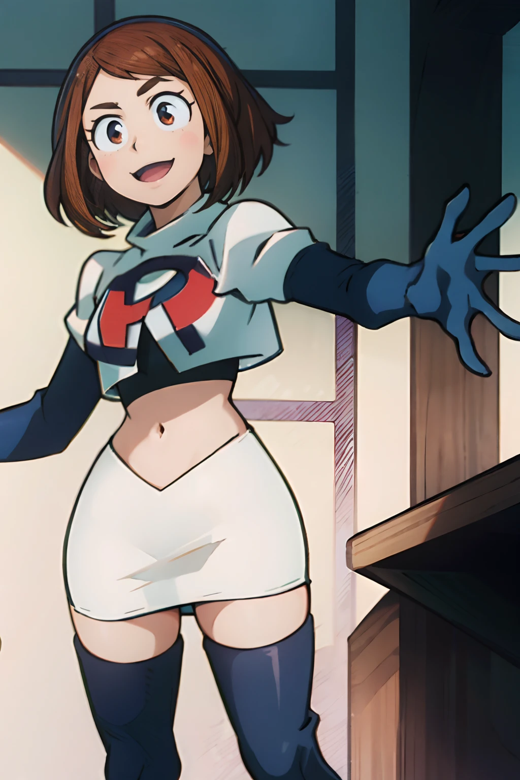 ochaco_uraraka, team rocket,team rocket uniform, red letter R, white skirt,white crop top,black thigh-highs,black elbow gloves, loving smile