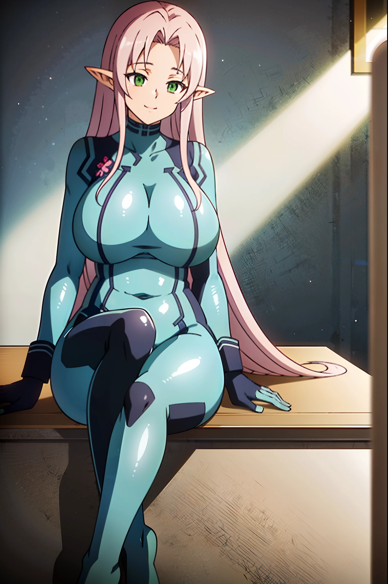 masterpiece, best quality, extremely detailed, anime, 1girl, mature female, solo, glenys, ((gigantic breasts:1.2)), (((pink_hair, long_hair, green_eyes, pointy_ears))), parted lips, (((zero suit, blue gloves))), light smile, (closed mouth), ((sitting on the table, classroom))