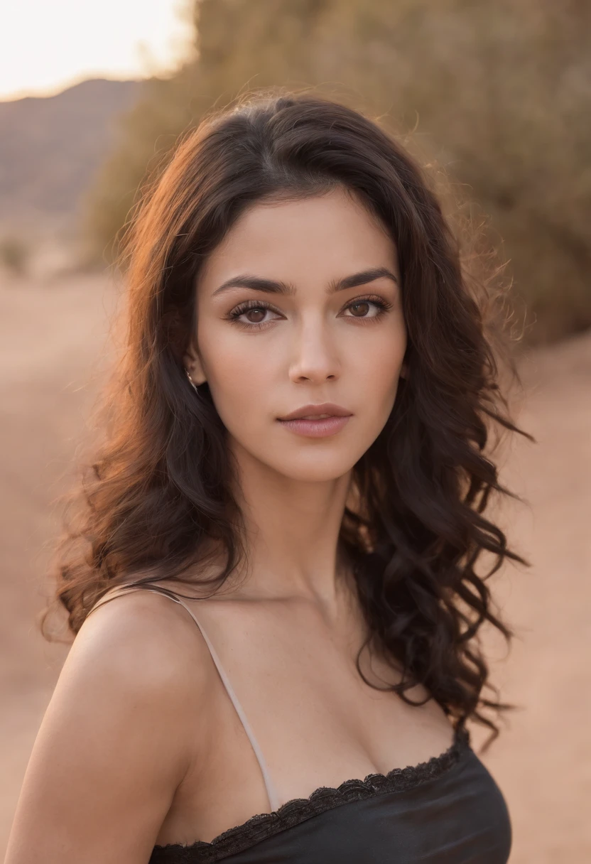 fair complexion ,latina woman , natural short curly black hair, brown eyes, vaquera, slender and graceful, beautiful, desert, ultra sharp focus, realistic shot, thick waist, big breast, body tattoos, cowgirl, nose piercings, earrings, high quality, HD, lip piercing, Nasallang Piercing, Ashley Piercing,