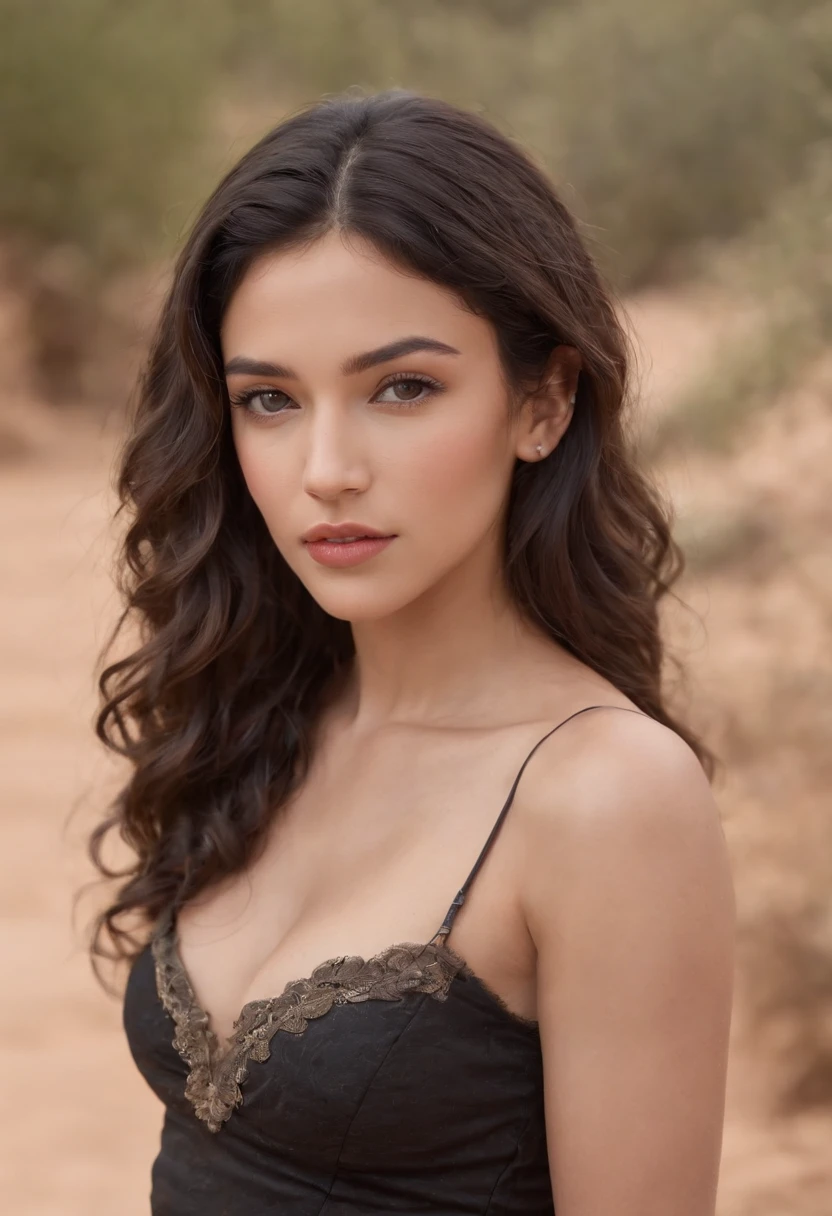 fair complexion ,latina woman , natural short curly black hair, brown eyes, vaquera, slender and graceful, beautiful, desert, ultra sharp focus, realistic shot, thick waist, big breast, body tattoos, cowgirl, nose piercings, earrings, high quality, HD, lip piercing, Nasallang Piercing, Ashley Piercing,