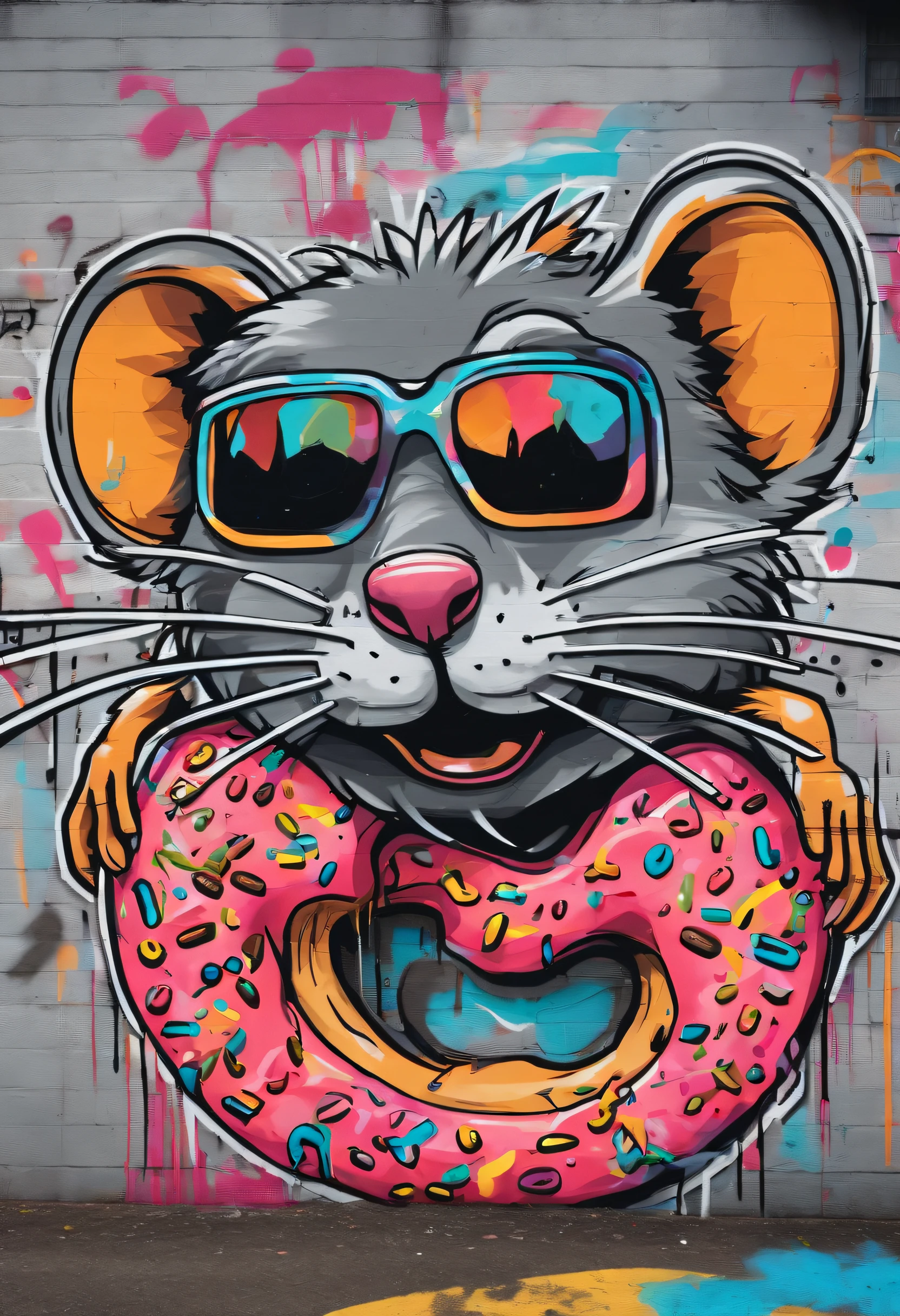 (a giant rat,eating a spraypainted donut:1.1),(in stencil form),(surrounded by random scribbles and tags:0.9),(best quality,4k,8k,highres,masterpiece:1.2),(ultra-detailed:1.1),(realistic:1.37),(graffiti art),(vivid colors),(soft lighting),(urban setting)