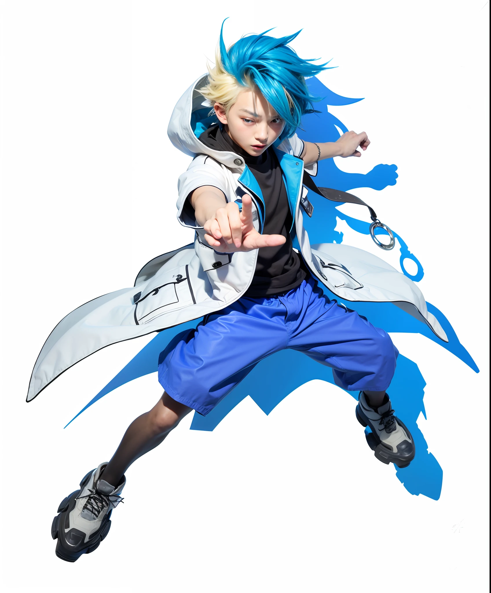 Young japanese boy with blue and blond hair and blue eyes reaching forawd his right hand, he is wearing a white and blue coat with a black shirt underneath, blue shorts and black, blue and white shoes