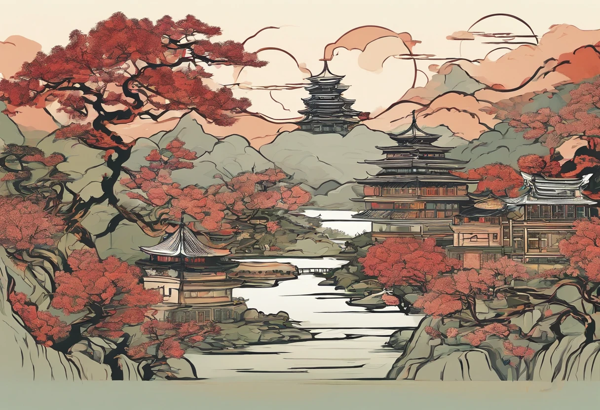 Minimalist，abstracted，chinese paintings，Gangnam，Cypress，impressionistic，Pavilions，themoon，Mountains and rivers，Leave white space，Light shades